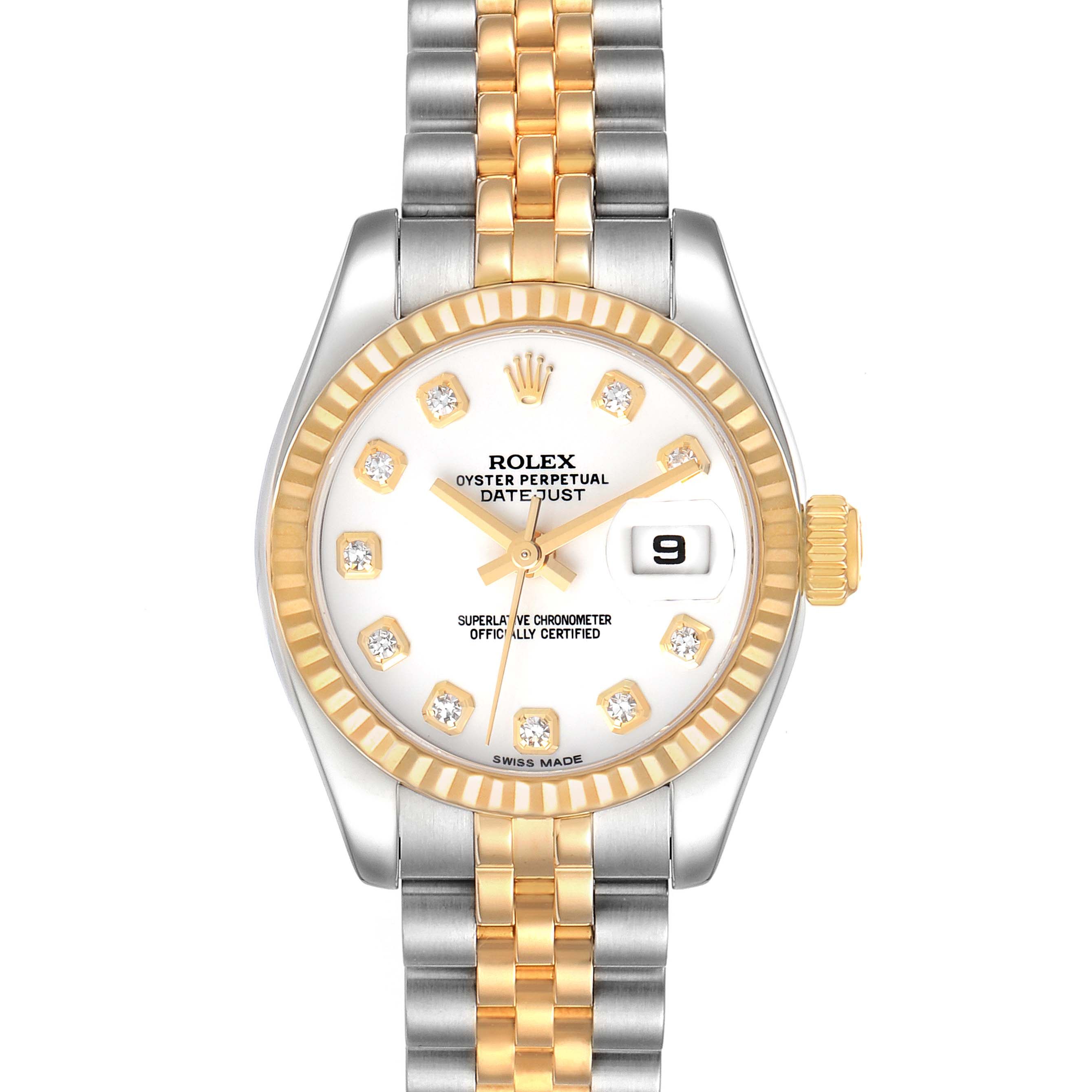 The image shows a front view of the Rolex Datejust 179173 Women's Steel and Gold (two tone) White Dial 179173 Women's Steel and Gold (two tone) White Dial watch, displaying the dial, bezel, and part of the bracelet.
