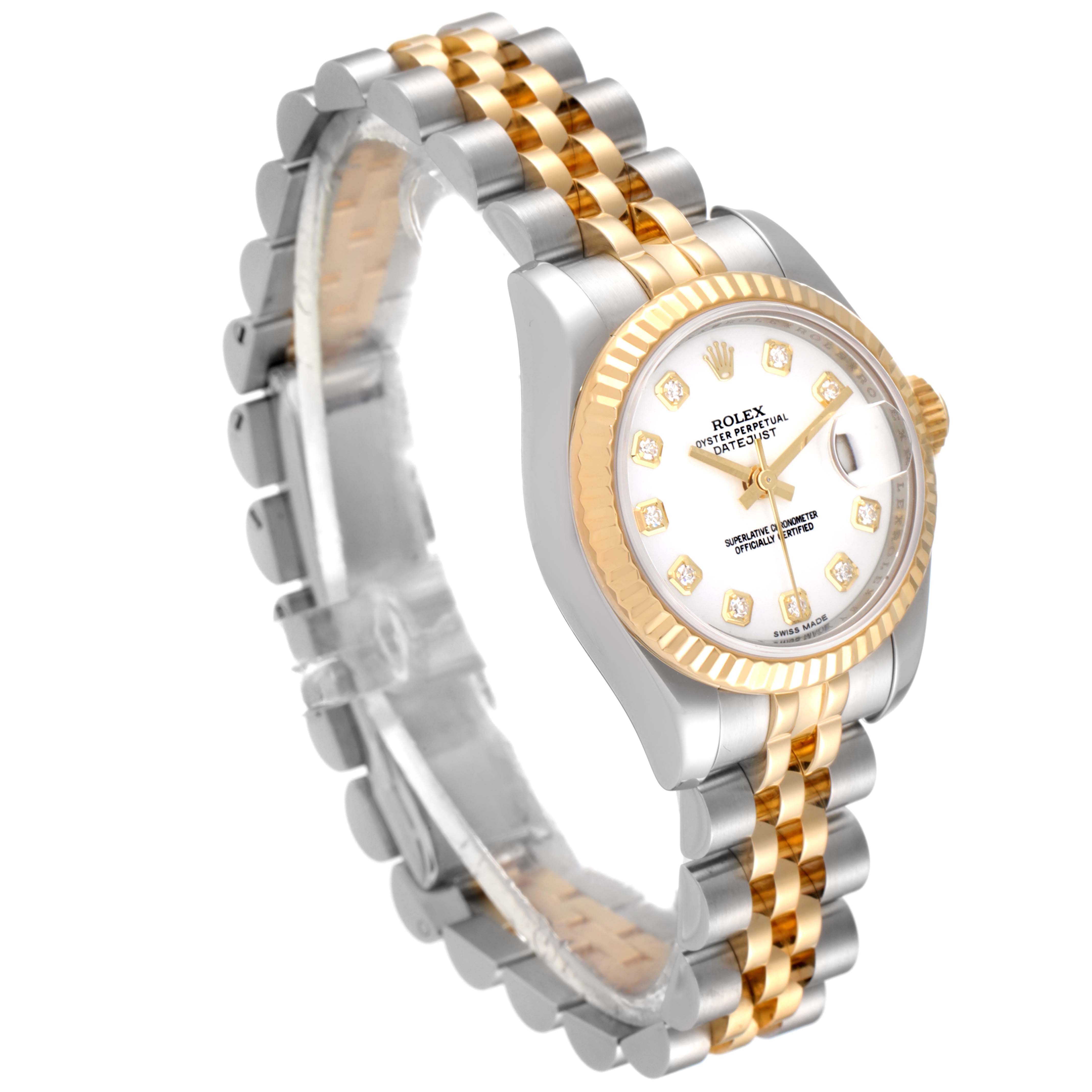 The Rolex Datejust 179173 Women's Steel and Gold (two tone) White Dial 179173 Women's Steel and Gold (two tone) White Dial watch is shown at an oblique angle, displaying its two-tone bracelet and diamond-accented dial.