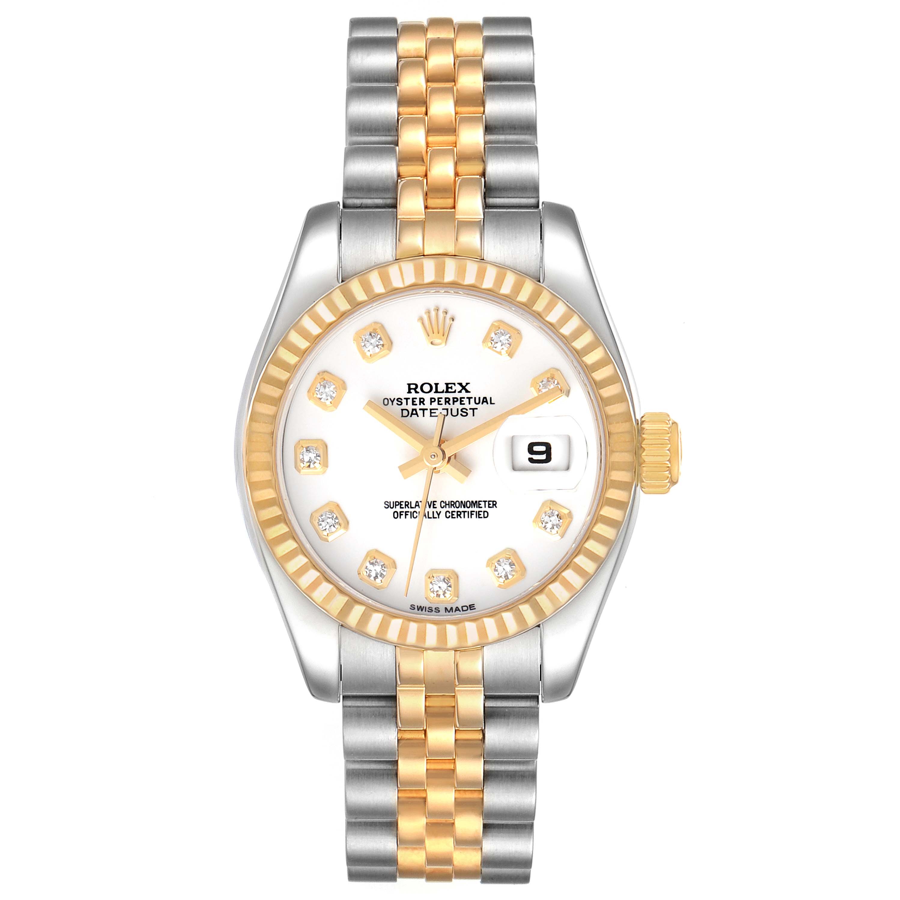 This image shows a Rolex Datejust 179173 Women's Steel and Gold (two tone) White Dial 179173 Women's Steel and Gold (two tone) White Dial watch from a top-down angle, showcasing the dial, bezel, and two-tone bracelet.