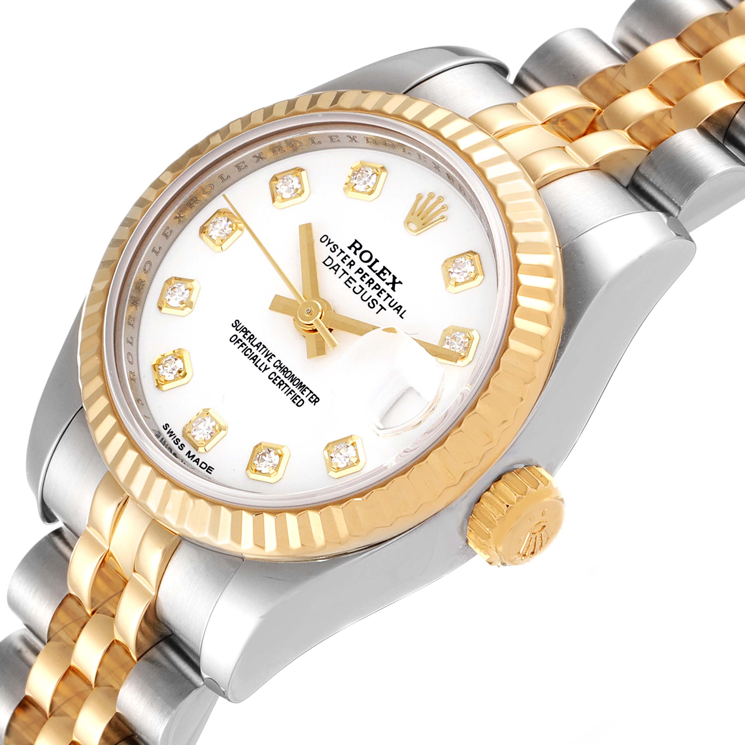This angle shows the face, bezel, crown, and part of the bracelet of the Rolex Datejust 179173 Women's Steel and Gold (two tone) White Dial 179173 Women's Steel and Gold (two tone) White Dial watch.