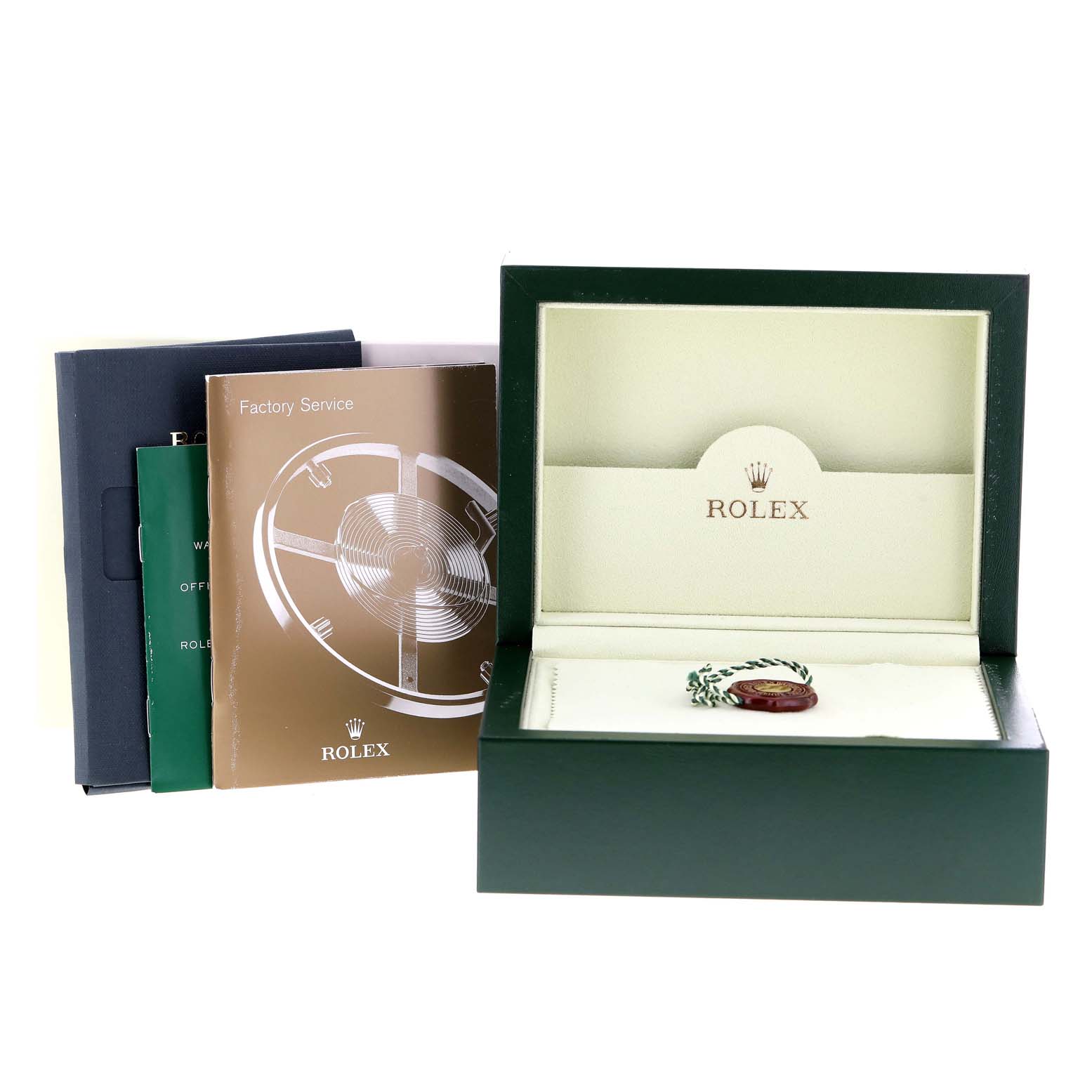 The image shows the packaging and accessories of a Rolex Datejust 179173 Women's Steel and Gold (two tone) White Dial 179173 Women's Steel and Gold (two tone) White Dial, including a watch box, booklet, and a hang tag.