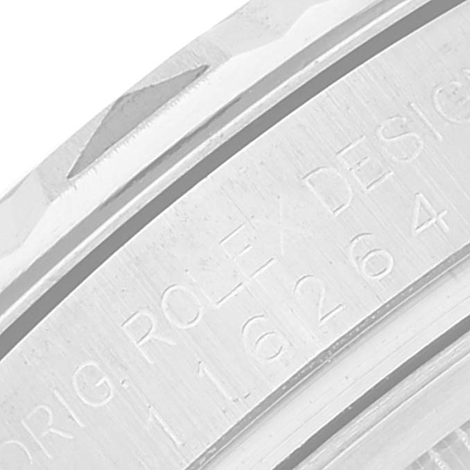 This image shows a close-up of the bezel engraving on a Rolex Turn-o-Graph 116264 Men's Stainless Steel Black Dial 116264 Men's Stainless Steel Black Dial watch.