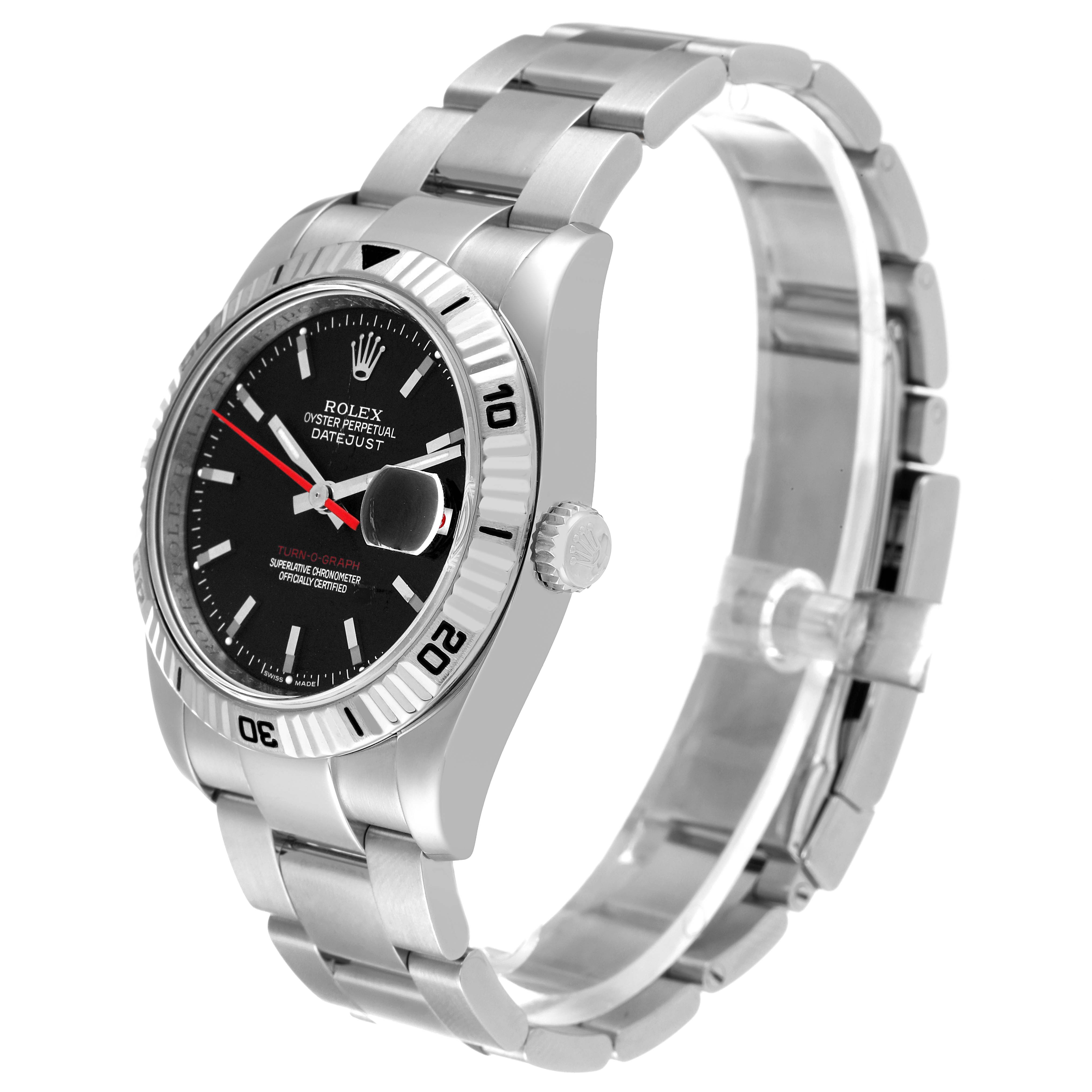 The Rolex Turn-o-Graph 116264 Men's Stainless Steel Black Dial 116264 Men's Stainless Steel Black Dial model watch is shown at a three-quarter angle, displaying the face, bezel, crown, and bracelet.
