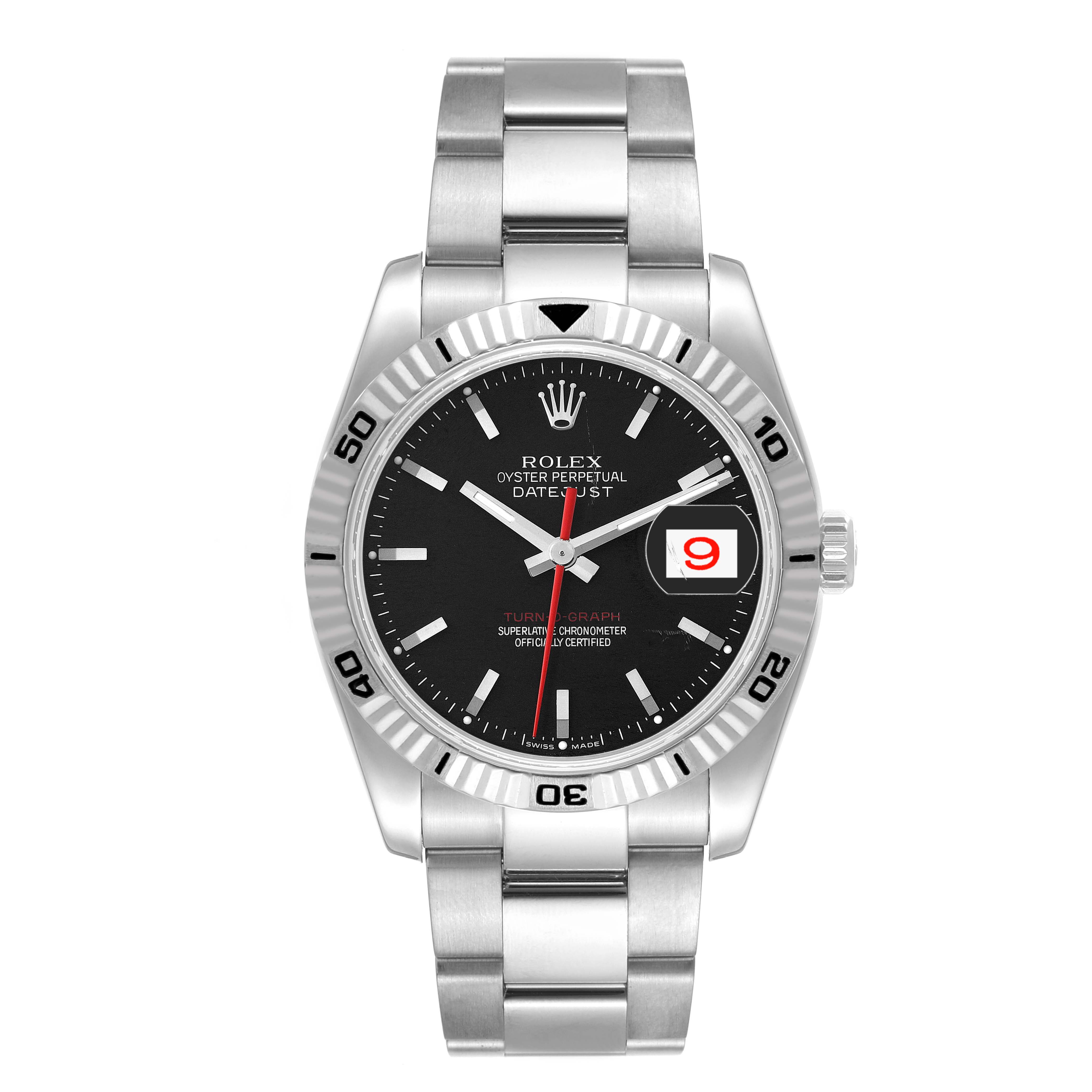The image shows a Rolex Turn-o-Graph 116264 Men's Stainless Steel Black Dial 116264 Men's Stainless Steel Black Dial watch from a front angle, highlighting the face, bezel, and bracelet.