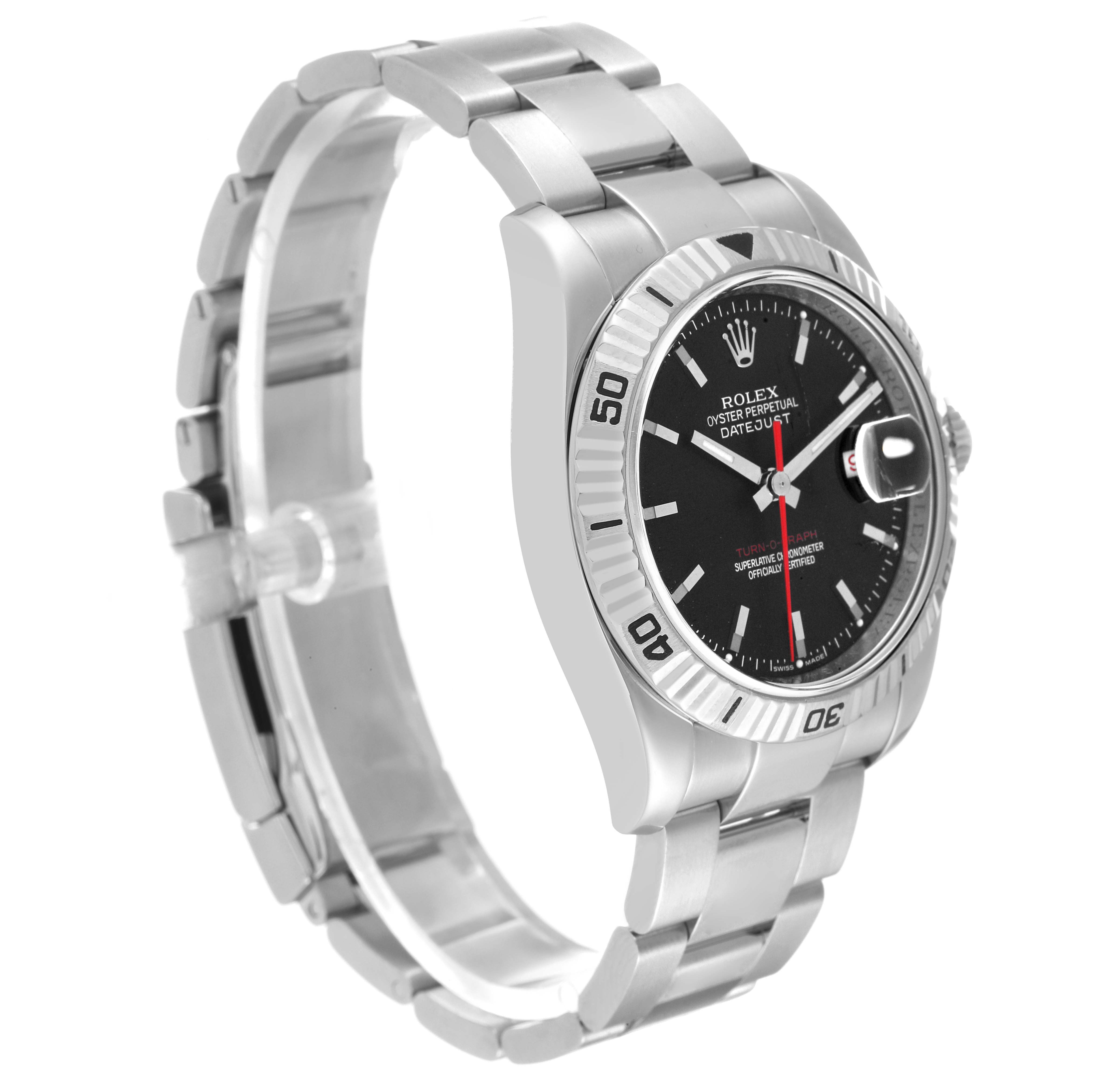 The image shows a side-angle view of the Rolex Turn-o-Graph 116264 Men's Stainless Steel Black Dial 116264 Men's Stainless Steel Black Dial watch, highlighting its bezel, dial, bracelet, and case.