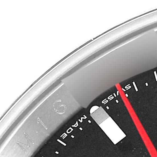 This image shows a close-up of the dial and part of the bezel of a Rolex Turn-o-Graph 116264 Men's Stainless Steel Black Dial 116264 Men's Stainless Steel Black Dial watch.