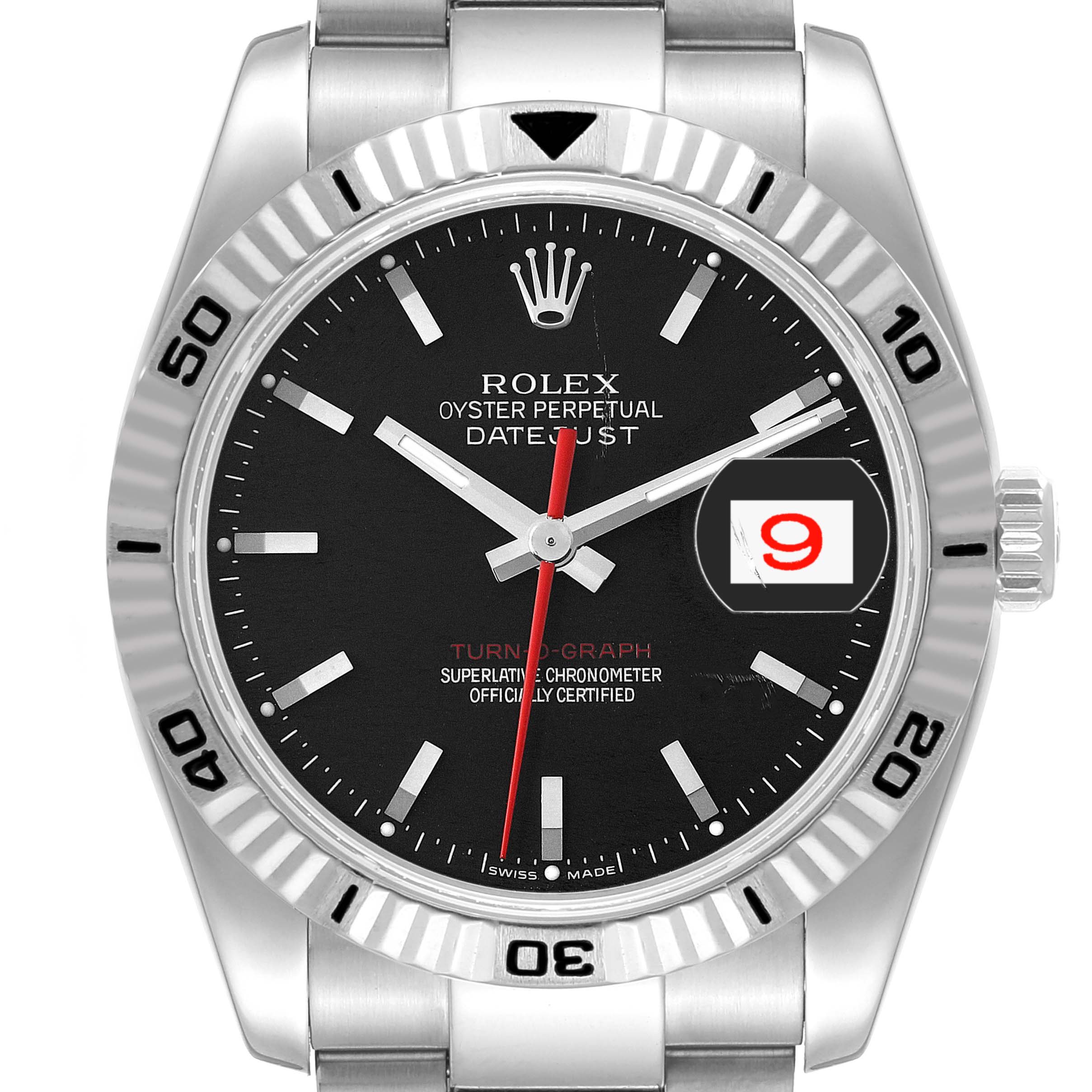 The image shows a front view of the Rolex Turn-o-Graph 116264 Men's Stainless Steel Black Dial 116264 Men's Stainless Steel Black Dial watch, featuring the dial, bezel, and a part of the bracelet.