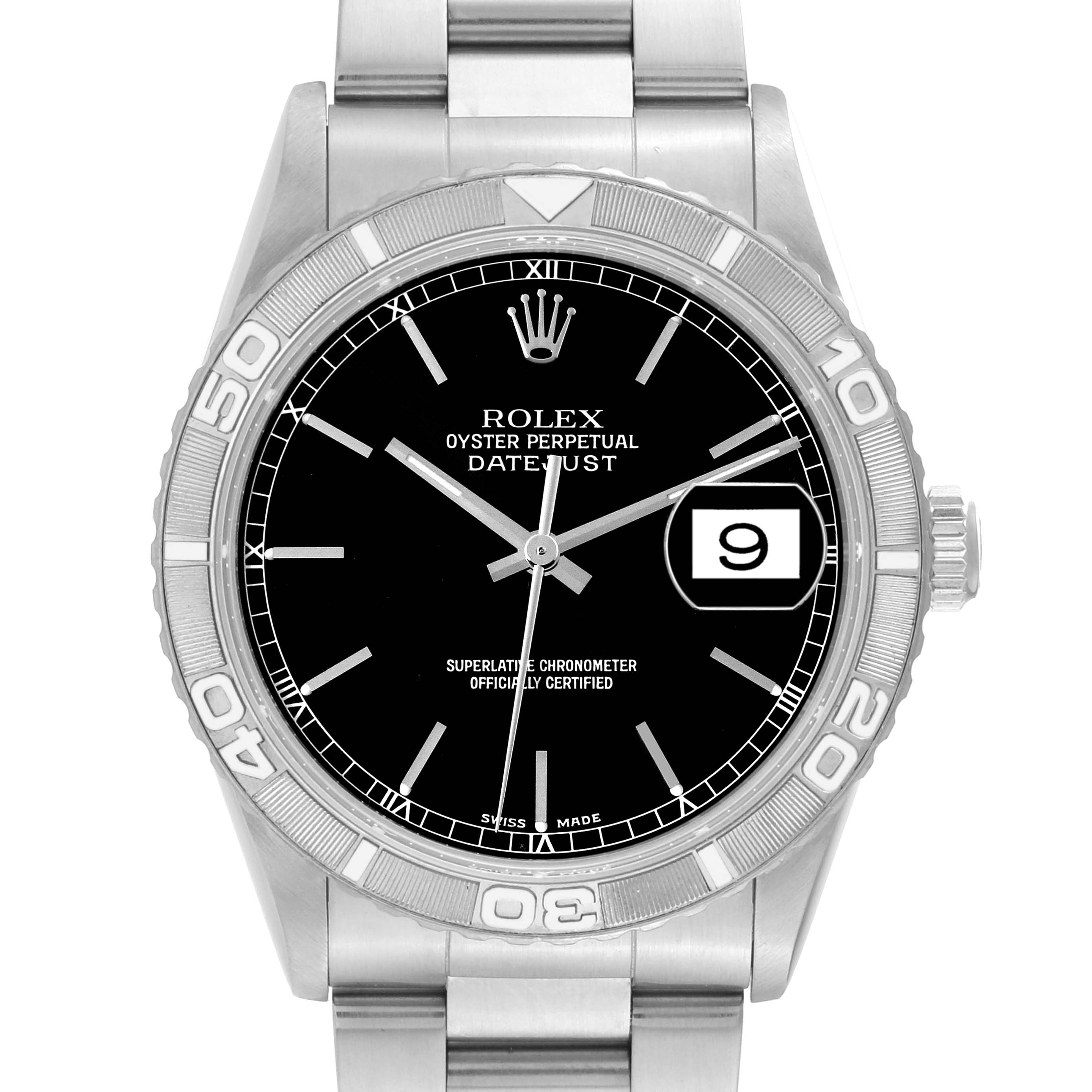 The image shows a frontal view of a Rolex Turn-o-Graph 16264 Men's Stainless Steel Black Dial 16264 Men's Stainless Steel Black Dial Datejust watch, displaying its dial, bezel, and bracelet.