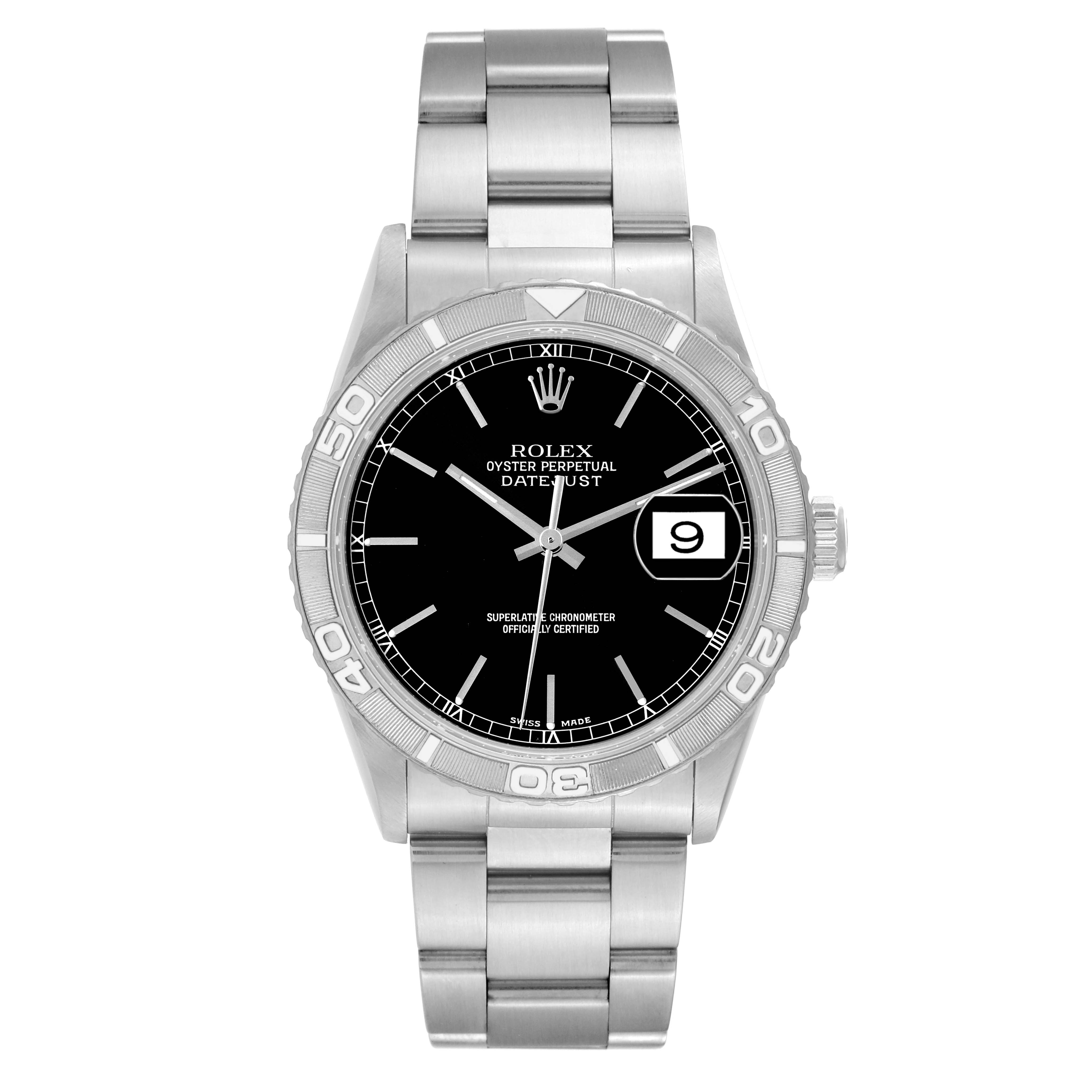 This image shows a front view of the Rolex Turn-o-Graph 16264 Men's Stainless Steel Black Dial 16264 Men's Stainless Steel Black Dial model watch, featuring the dial, hands, bezel, and bracelet.