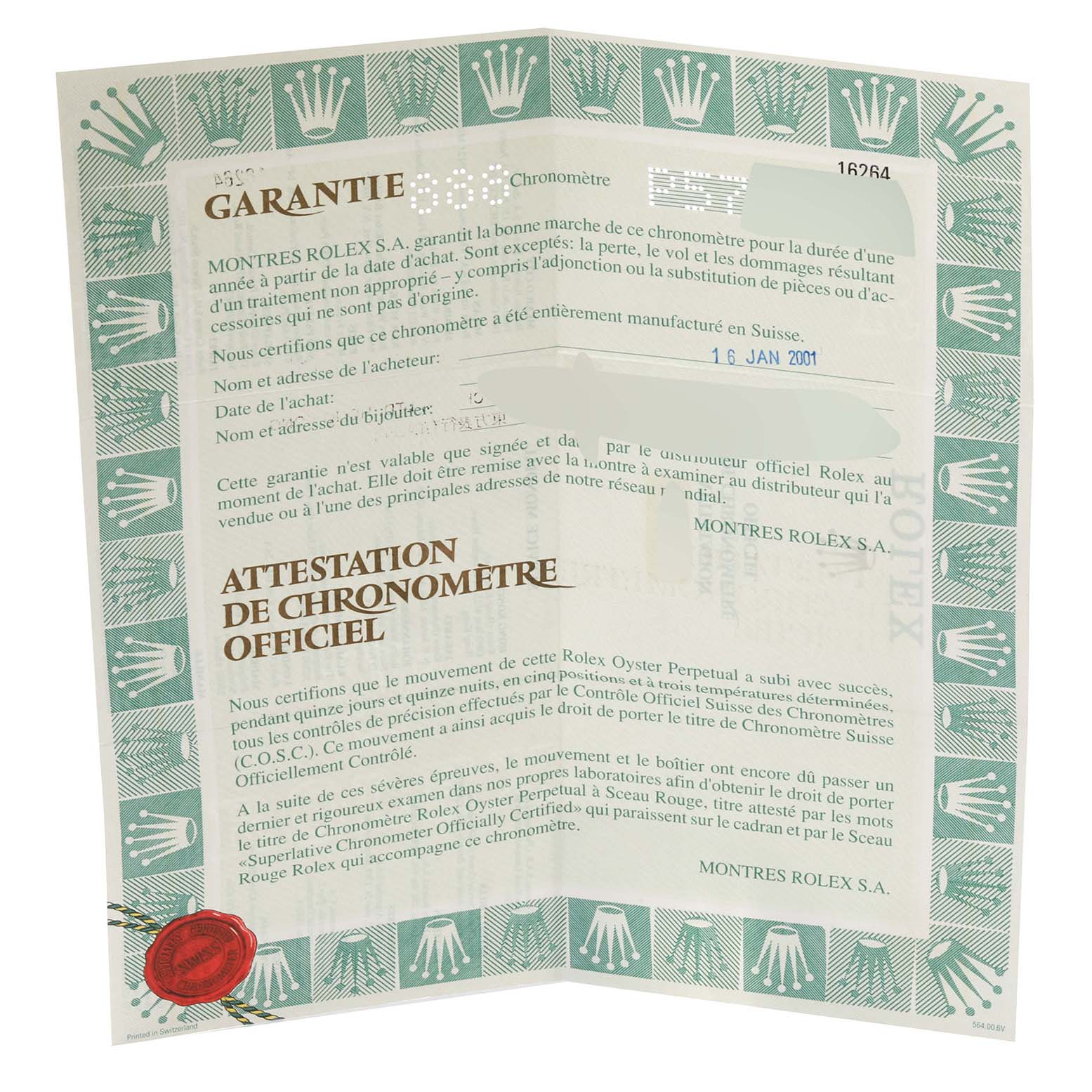 This image shows a warranty certificate for the Rolex Turn-o-Graph 16264 Men's Stainless Steel Black Dial 16264 Men's Stainless Steel Black Dial watch, displayed at an angled view.