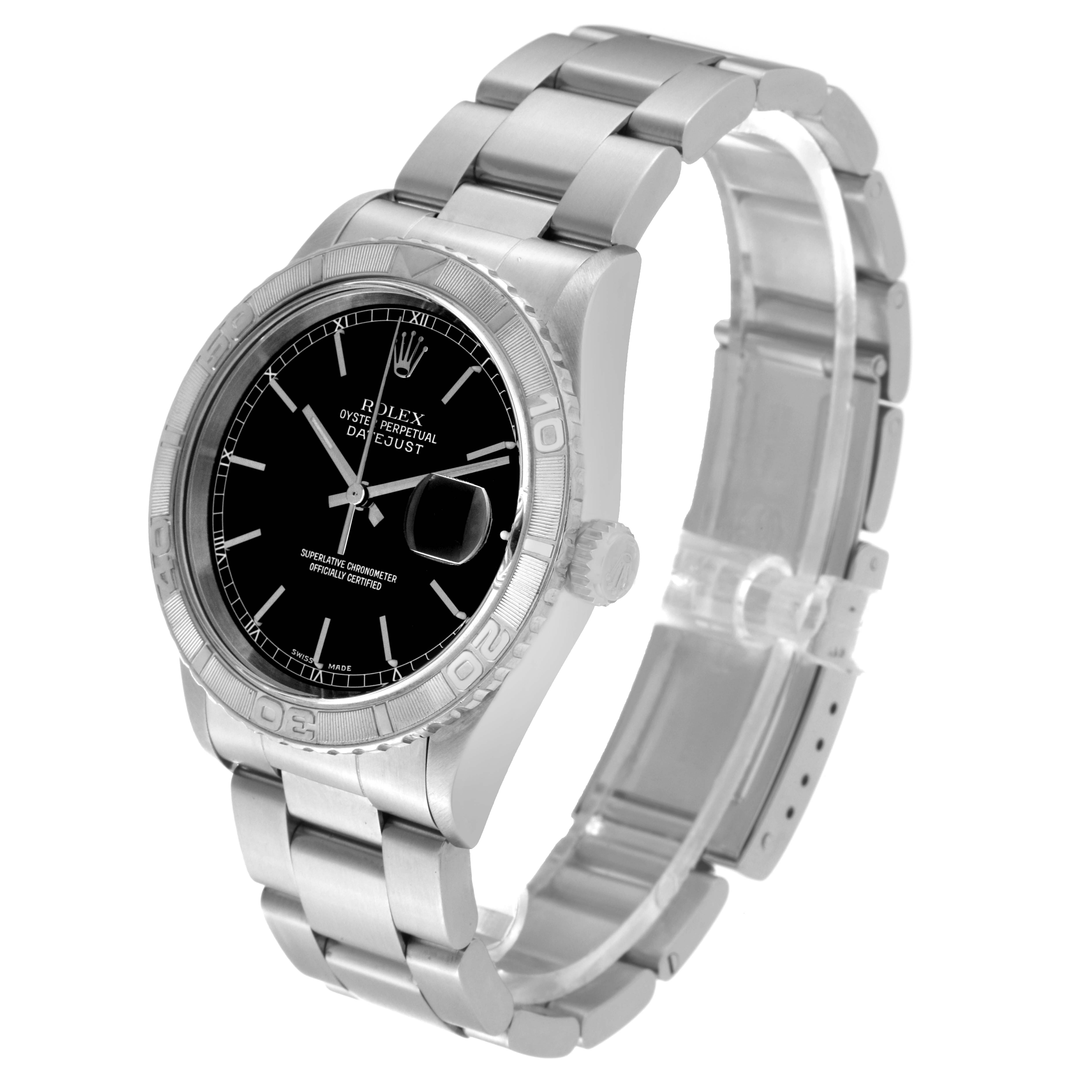 The image shows a side and front view of a Rolex Turn-o-Graph 16264 Men's Stainless Steel Black Dial 16264 Men's Stainless Steel Black Dial watch, highlighting its black dial, steel bracelet, and bezel.