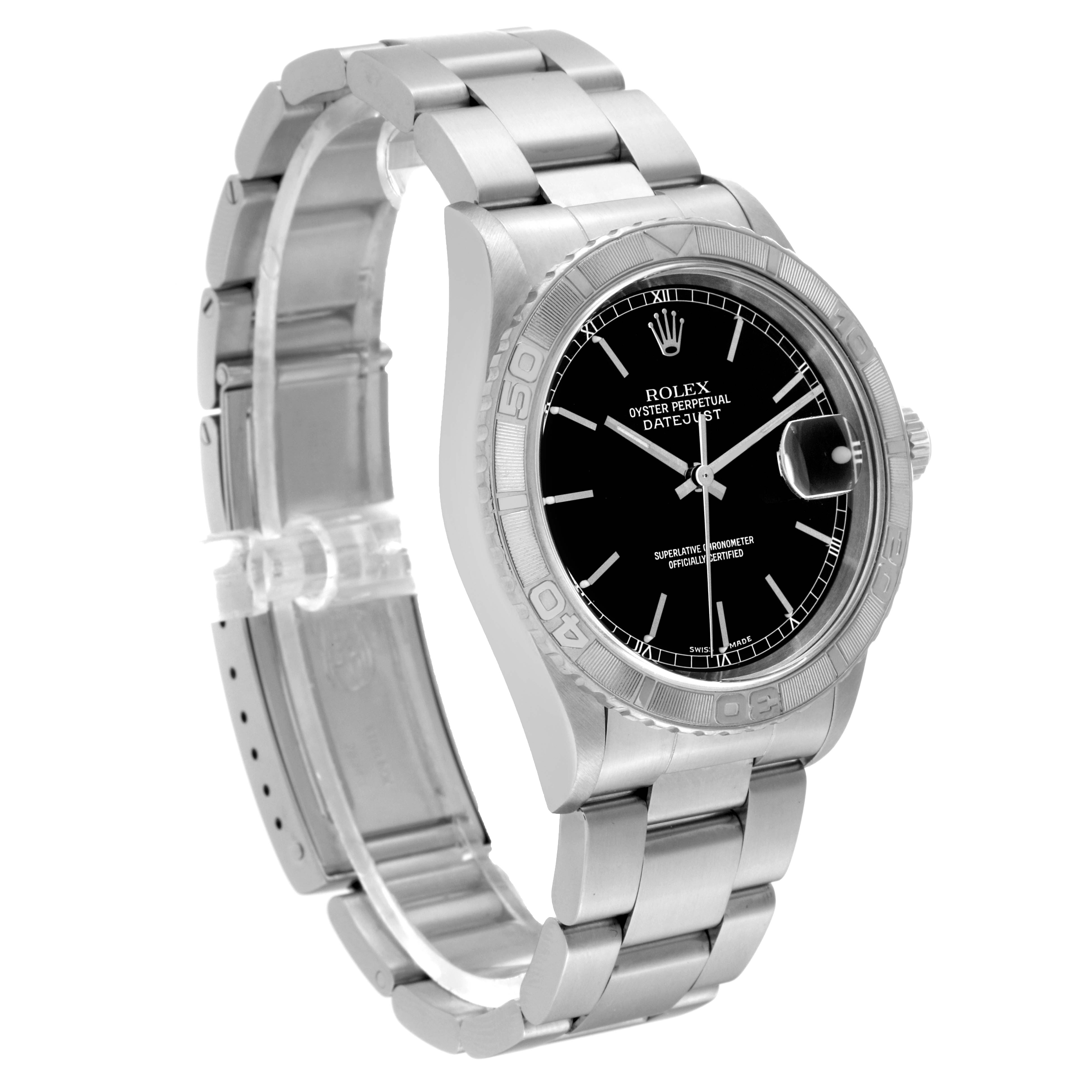 The image shows a Rolex Turn-o-Graph 16264 Men's Stainless Steel Black Dial 16264 Men's Stainless Steel Black Dial watch, angled to display the face, bezel, bracelet, and part of the clasp.