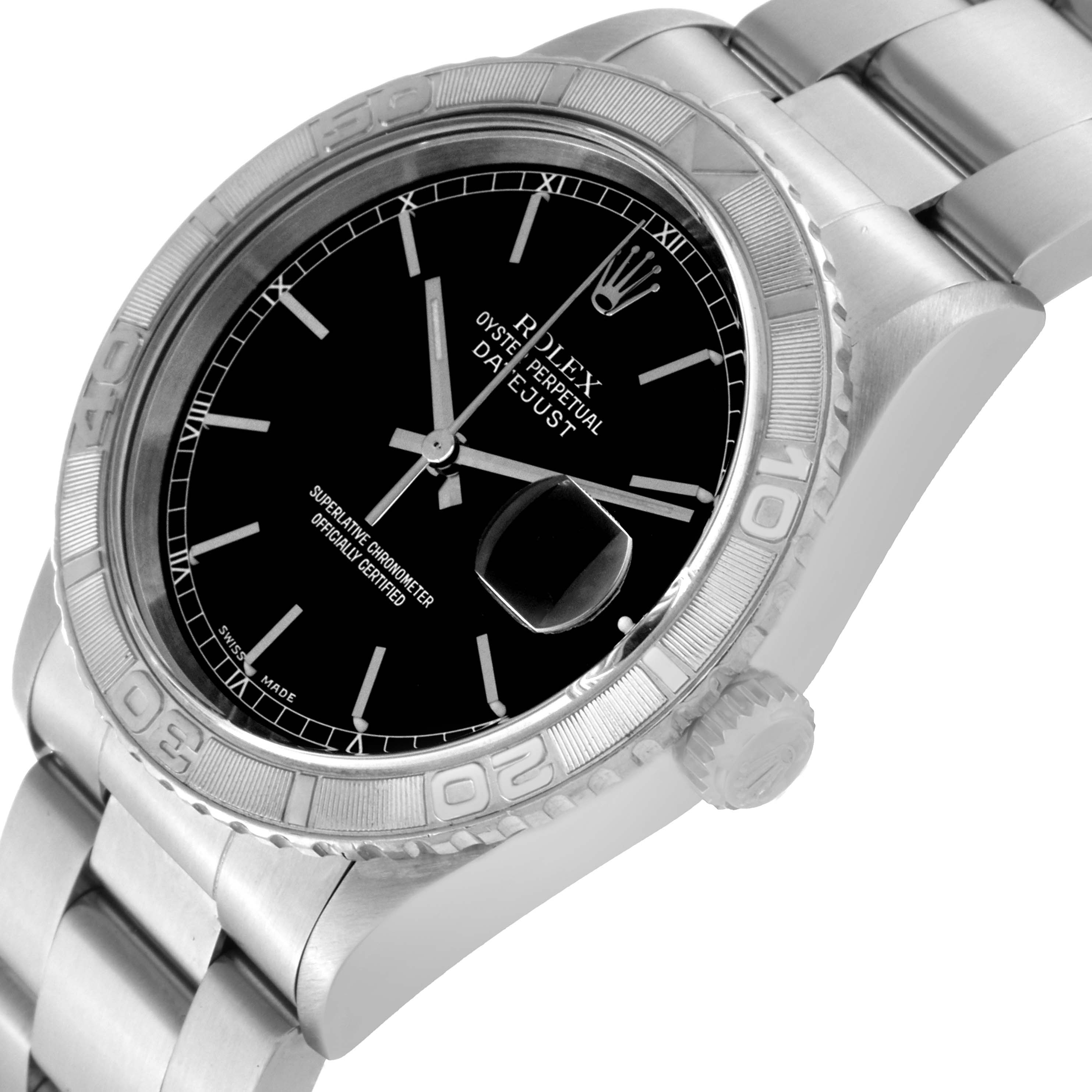 The image shows a close-up, angled view of a Rolex Turn-o-Graph 16264 Men's Stainless Steel Black Dial 16264 Men's Stainless Steel Black Dial watch, highlighting the bezel, dial, crown, and part of the bracelet.