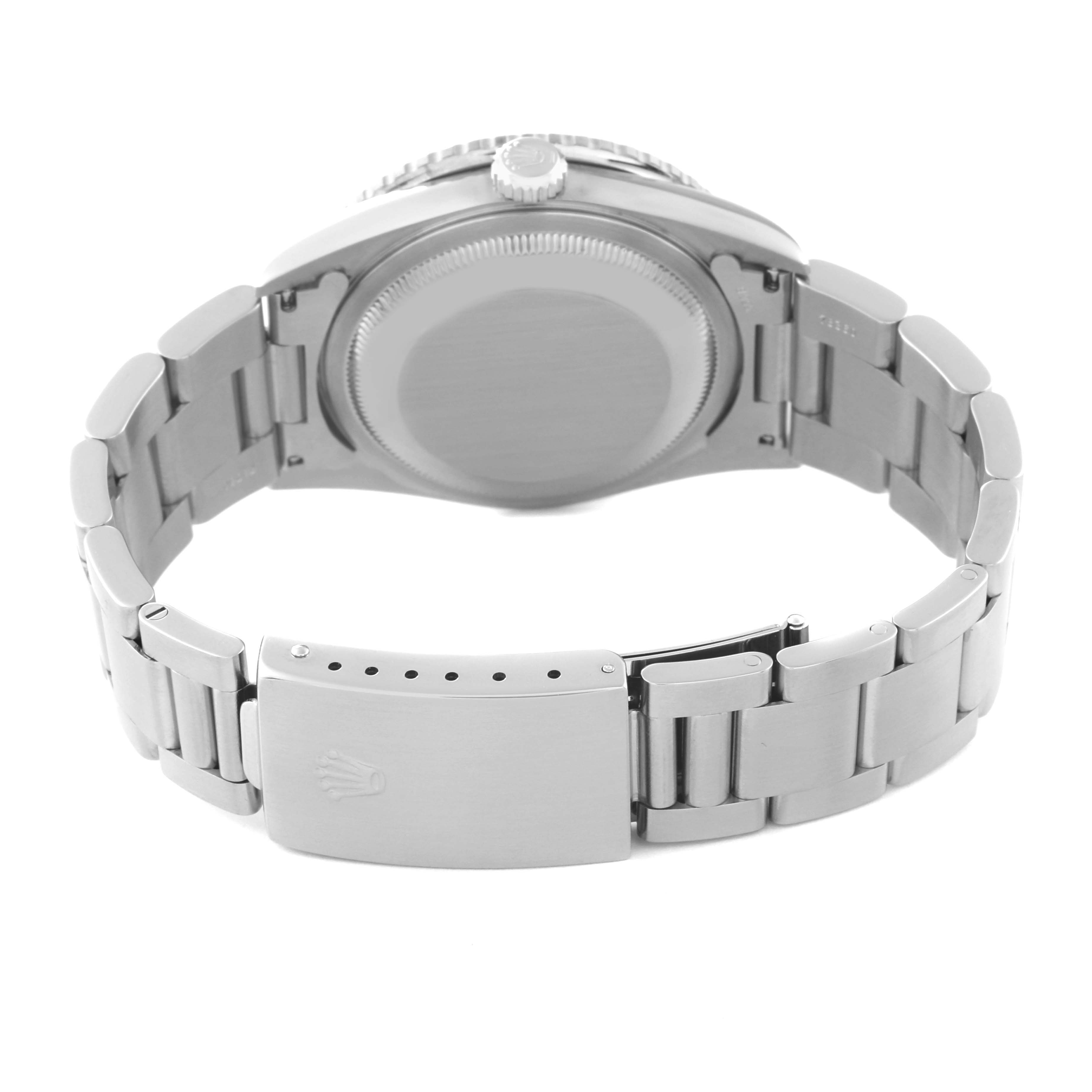 The image shows the back view of a Rolex Turn-o-Graph 16264 Men's Stainless Steel Black Dial 16264 Men's Stainless Steel Black Dial watch, highlighting the case back, crown, and bracelet clasp.