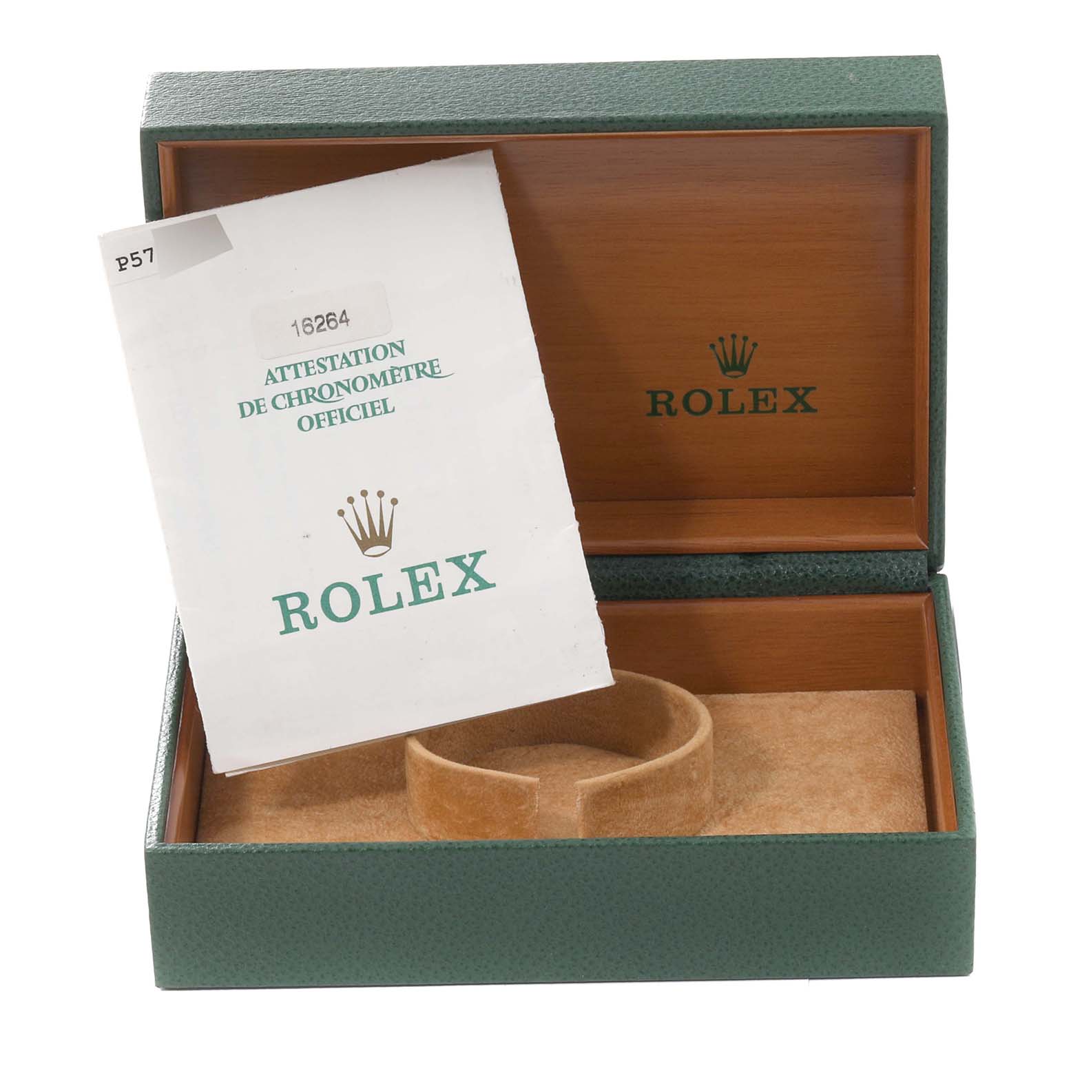 The image shows an open Rolex Turn-o-Graph 16264 Men's Stainless Steel Black Dial 16264 Men's Stainless Steel Black Dial watch box with the official chronometer certification document inside.