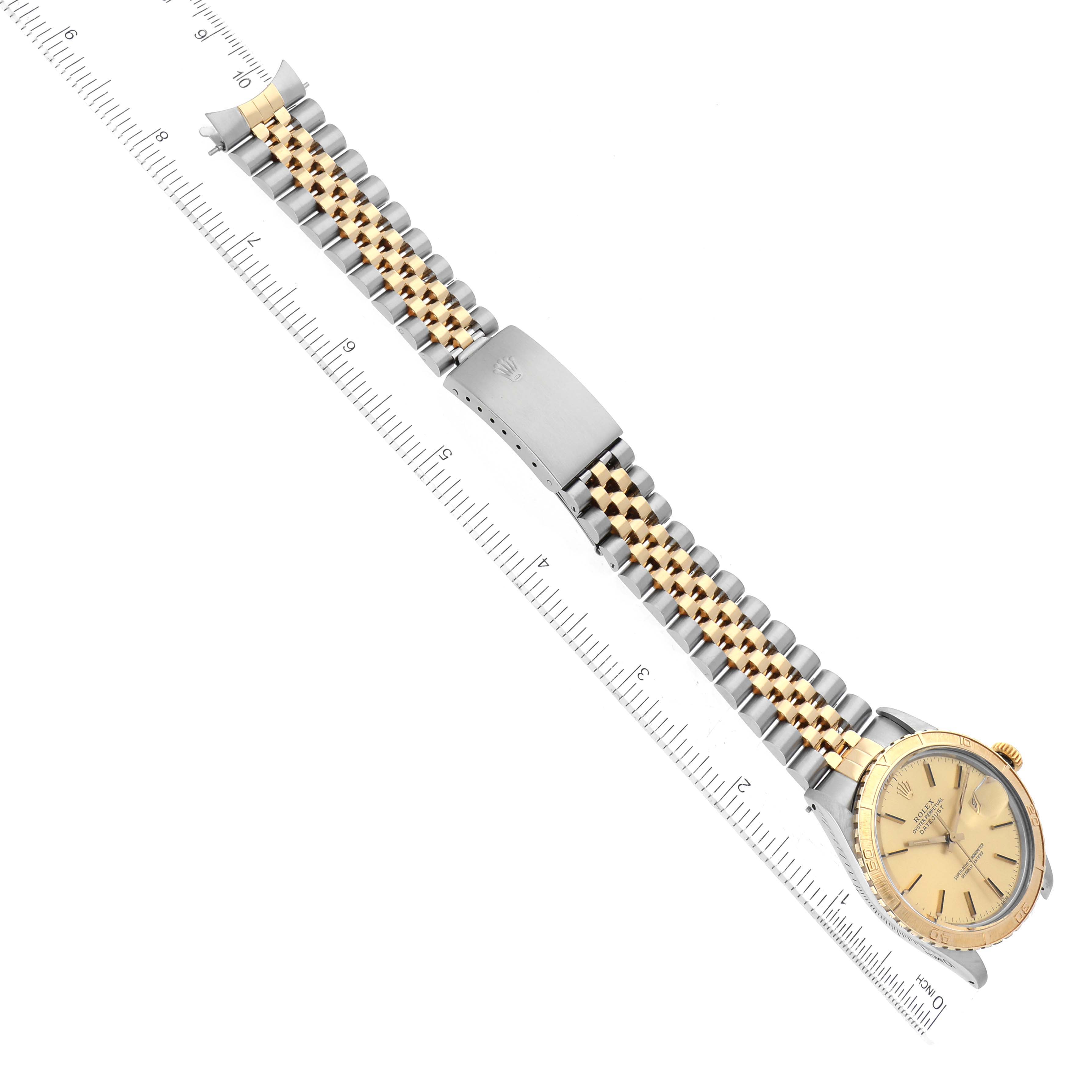 The Rolex Vintage Collection 16253 Men's Steel and Gold (two tone) Champagne Dial 16253 Men's Steel and Gold (two tone) Champagne Dial watch is shown from an aerial view, displaying the full band and part of the face.