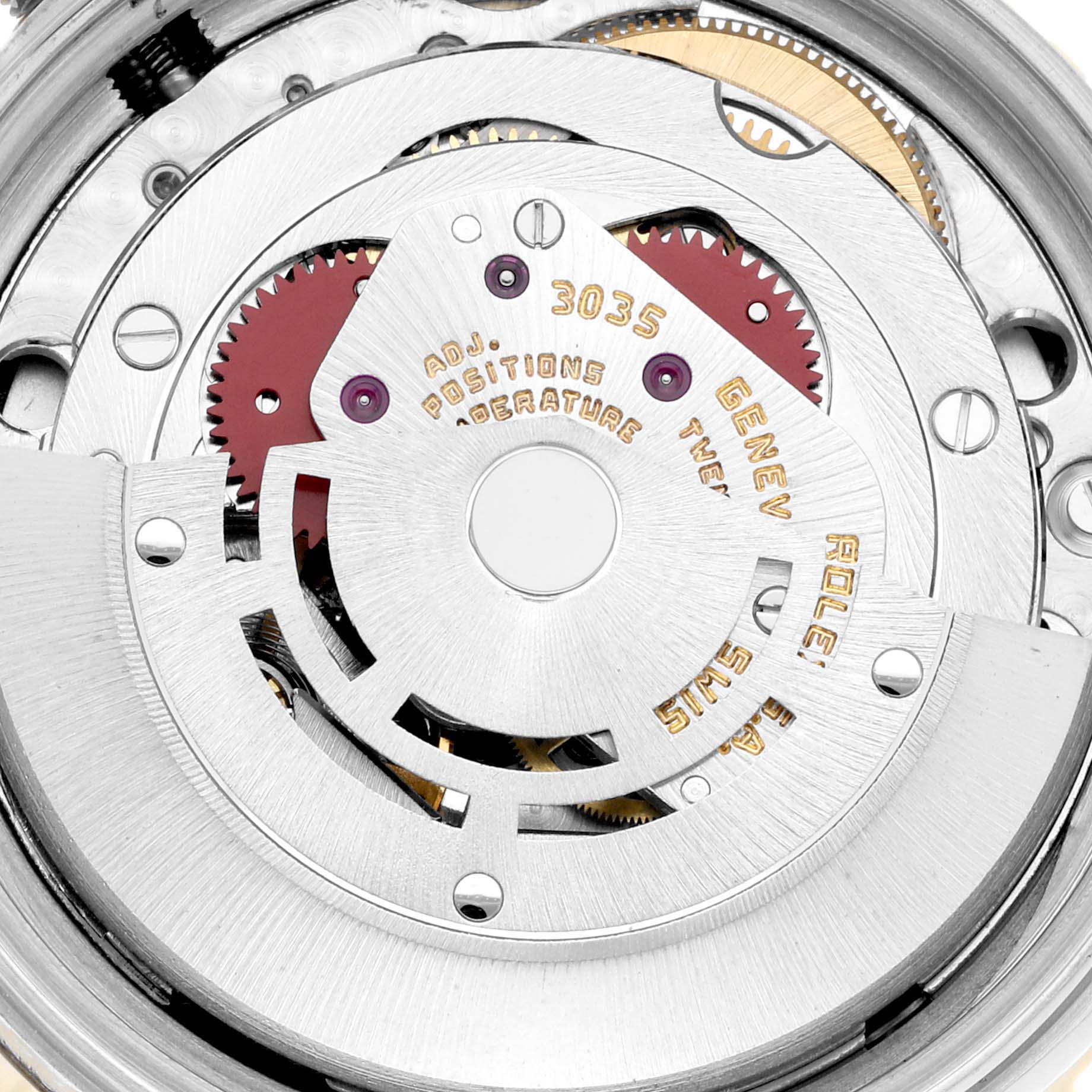 The image shows a close-up view of the movement mechanism of a Rolex Vintage Collection 16253 Men's Steel and Gold (two tone) Champagne Dial 16253 Men's Steel and Gold (two tone) Champagne Dial model watch.