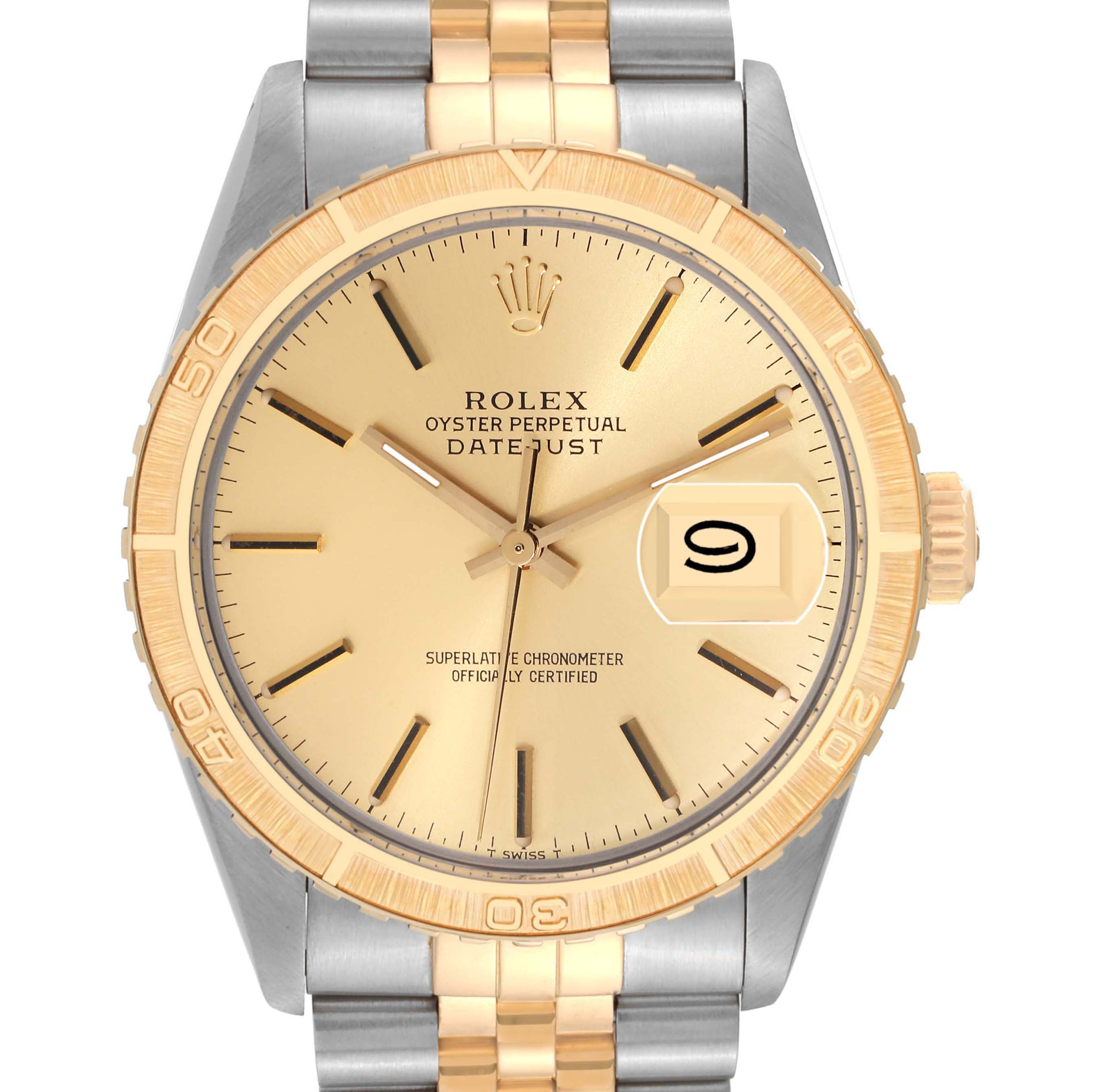 This is a front view of the Rolex Vintage Collection 16253 Men's Steel and Gold (two tone) Champagne Dial 16253 Men's Steel and Gold (two tone) Champagne Dial Oyster Perpetual Datejust, showcasing the dial, bezel, and bracelet.