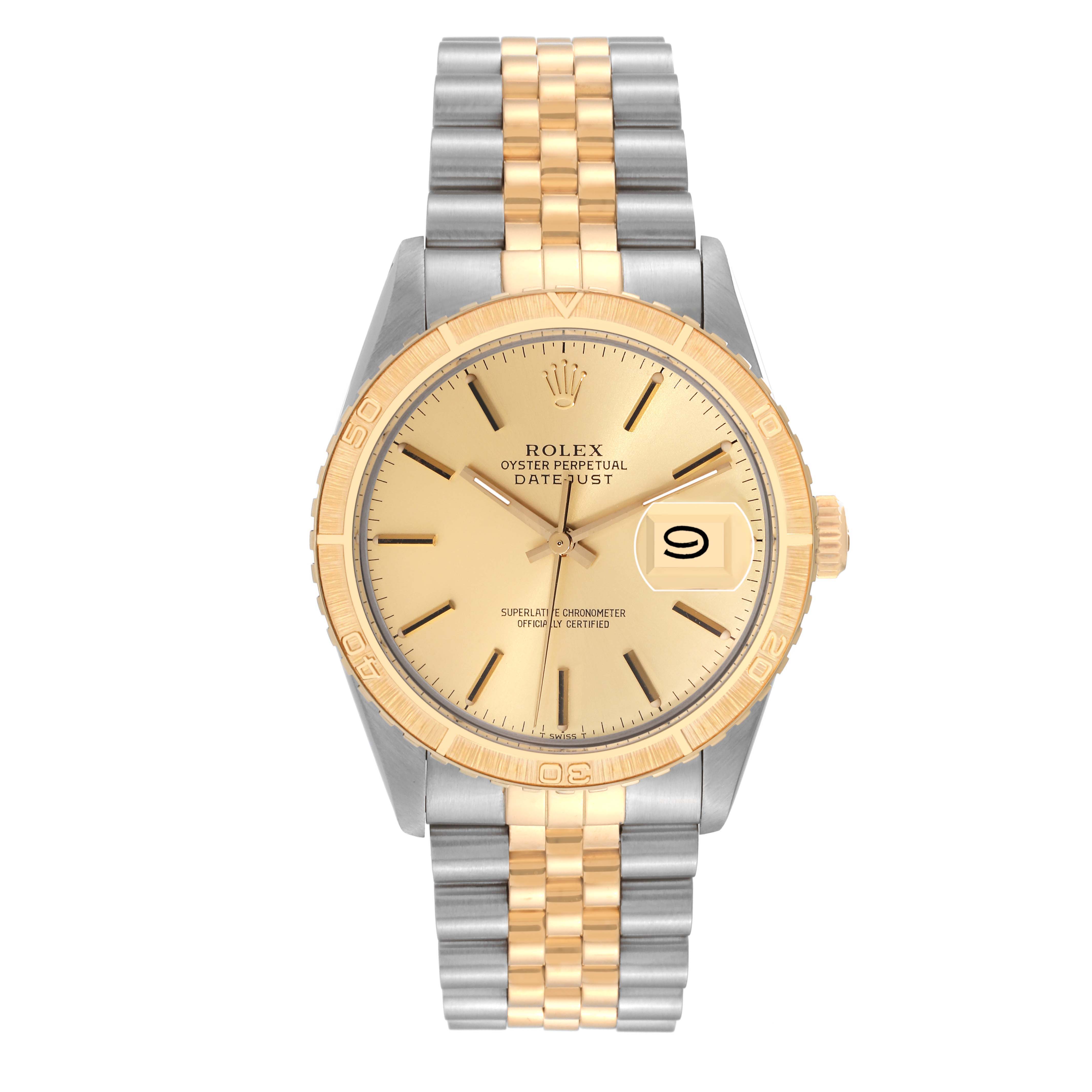 The image shows a front view of the Rolex Vintage Collection 16253 Men's Steel and Gold (two tone) Champagne Dial 16253 Men's Steel and Gold (two tone) Champagne Dial Oyster Perpetual Datejust watch, highlighting its dial, bezel, and bracelet.