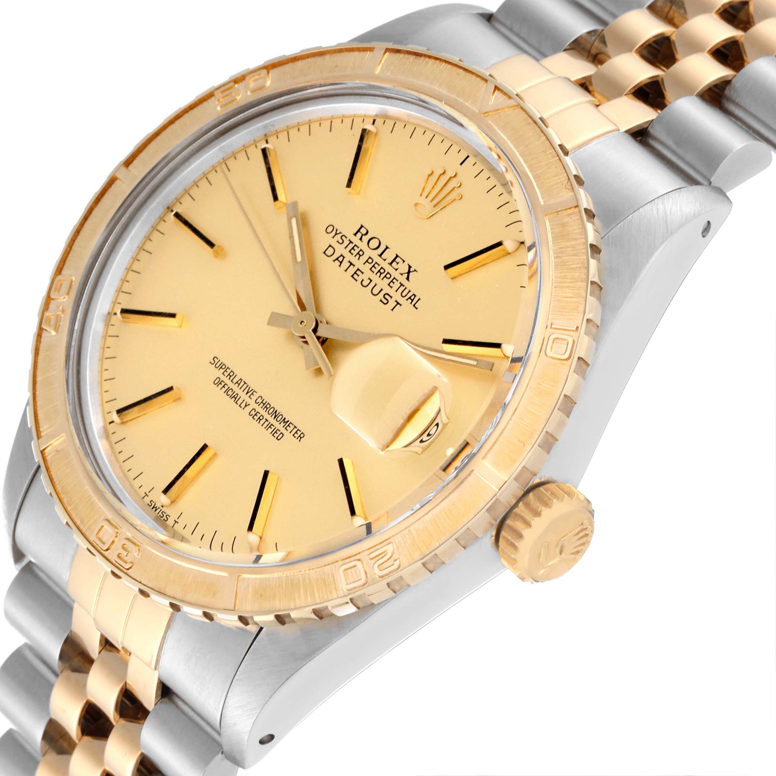 The image shows a close-up of the Rolex Vintage Collection 16253 Men's Steel and Gold (two tone) Champagne Dial 16253 Men's Steel and Gold (two tone) Champagne Dial Datejust watch displaying its face, crown, and partial two-tone bracelet at an angle.
