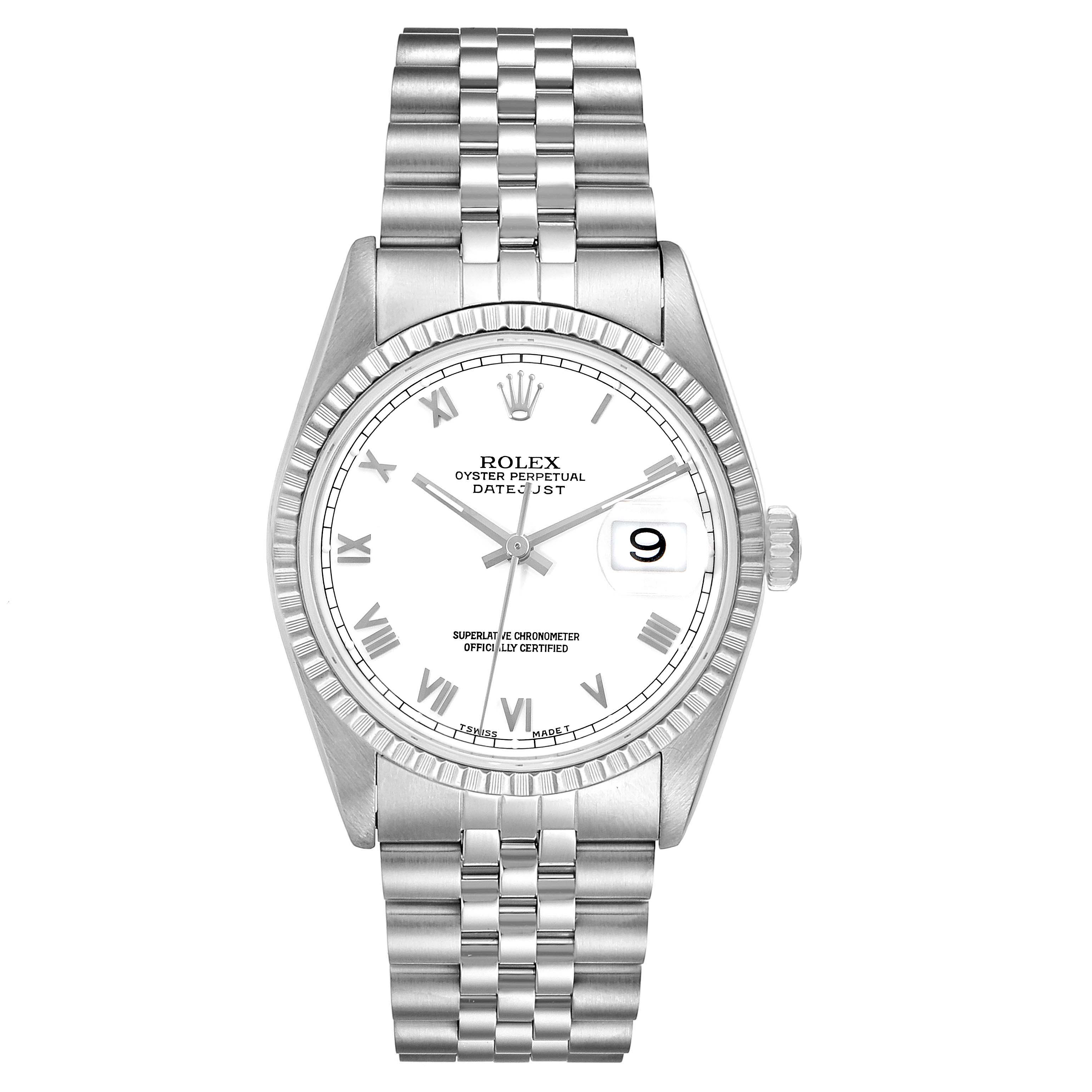 The Rolex Datejust 16220 Men's Stainless Steel White Dial 16220 Men's Stainless Steel White Dial watch is shown from a front angle, displaying the face, bezel, and bracelet.