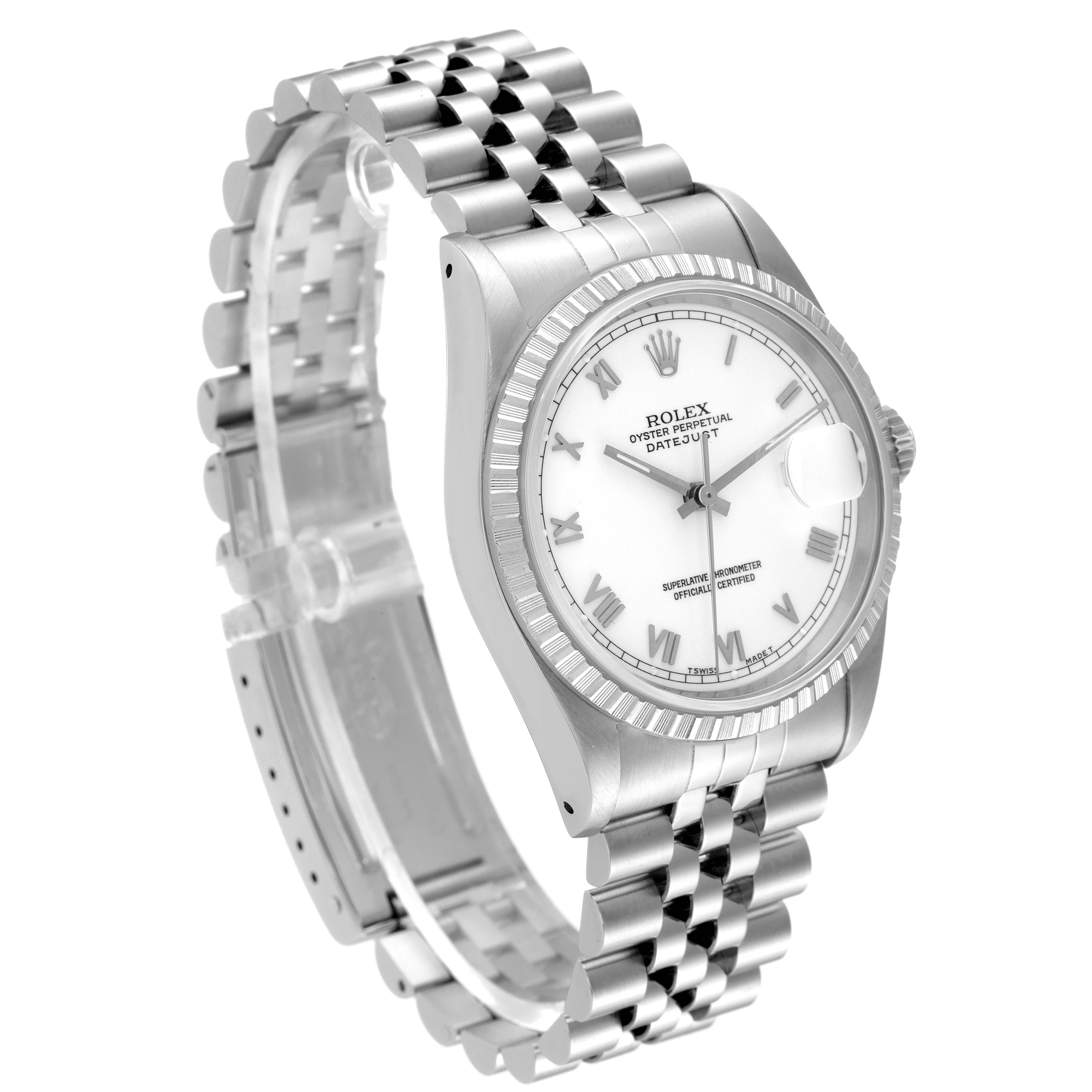 This image shows a side angle of the Rolex Datejust 16220 Men's Stainless Steel White Dial 16220 Men's Stainless Steel White Dial watch, featuring its bracelet, bezel, dial, and crown.