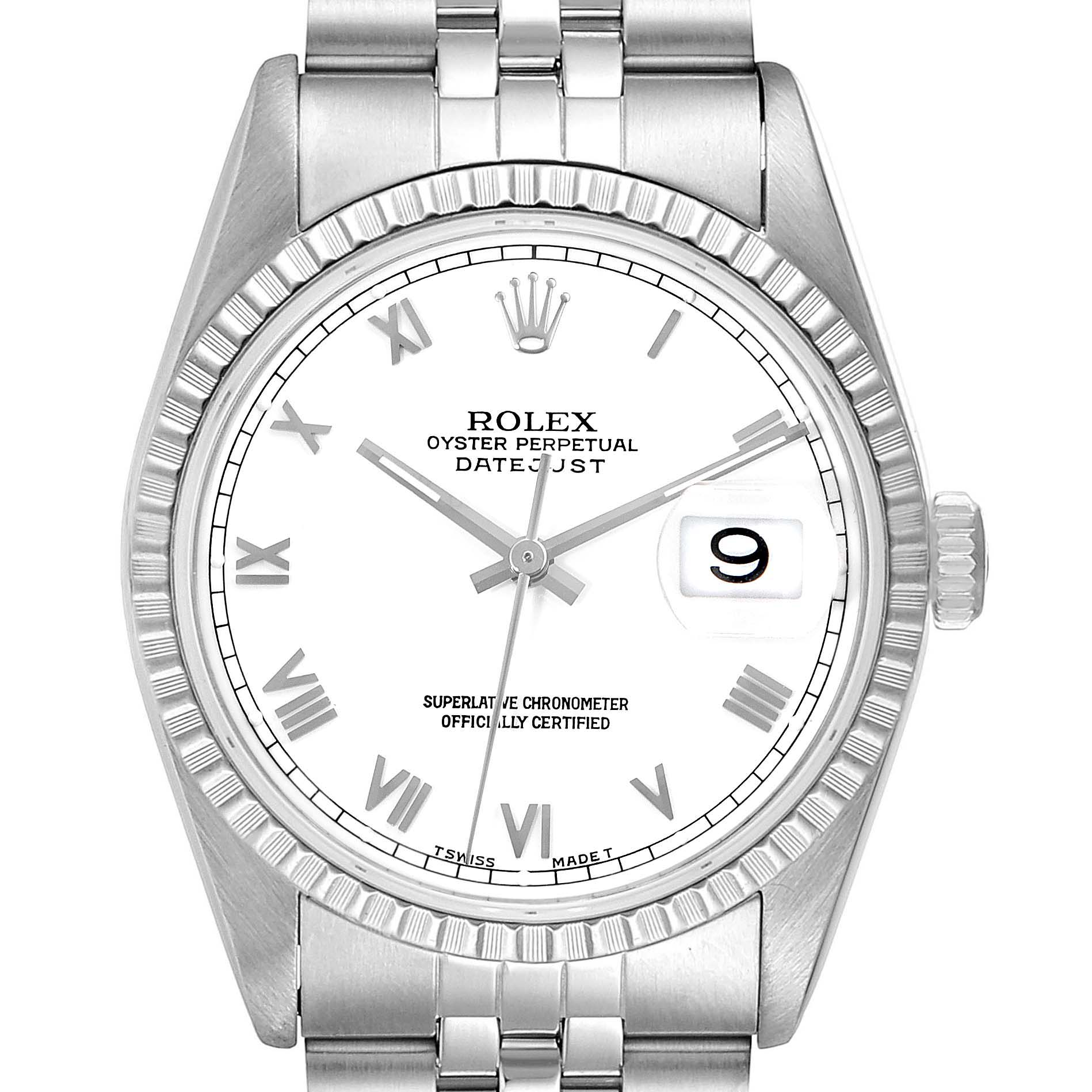 This image shows the face and bracelet of the Rolex Datejust 16220 Men's Stainless Steel White Dial 16220 Men's Stainless Steel White Dial model, displaying its fluted bezel, crown, and dial with Roman numerals and date window.