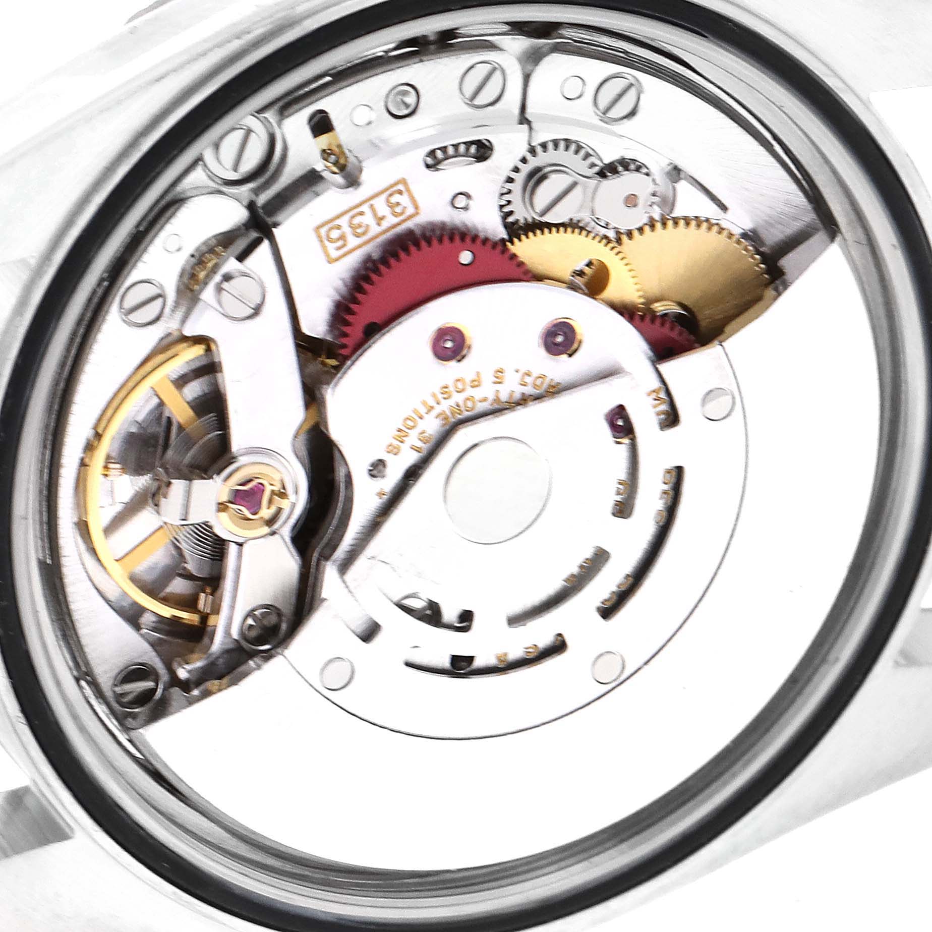 The image shows the intricate internal mechanism of a Rolex Datejust 16220 Men's Stainless Steel White Dial 16220 Men's Stainless Steel White Dial watch, viewed from the back.