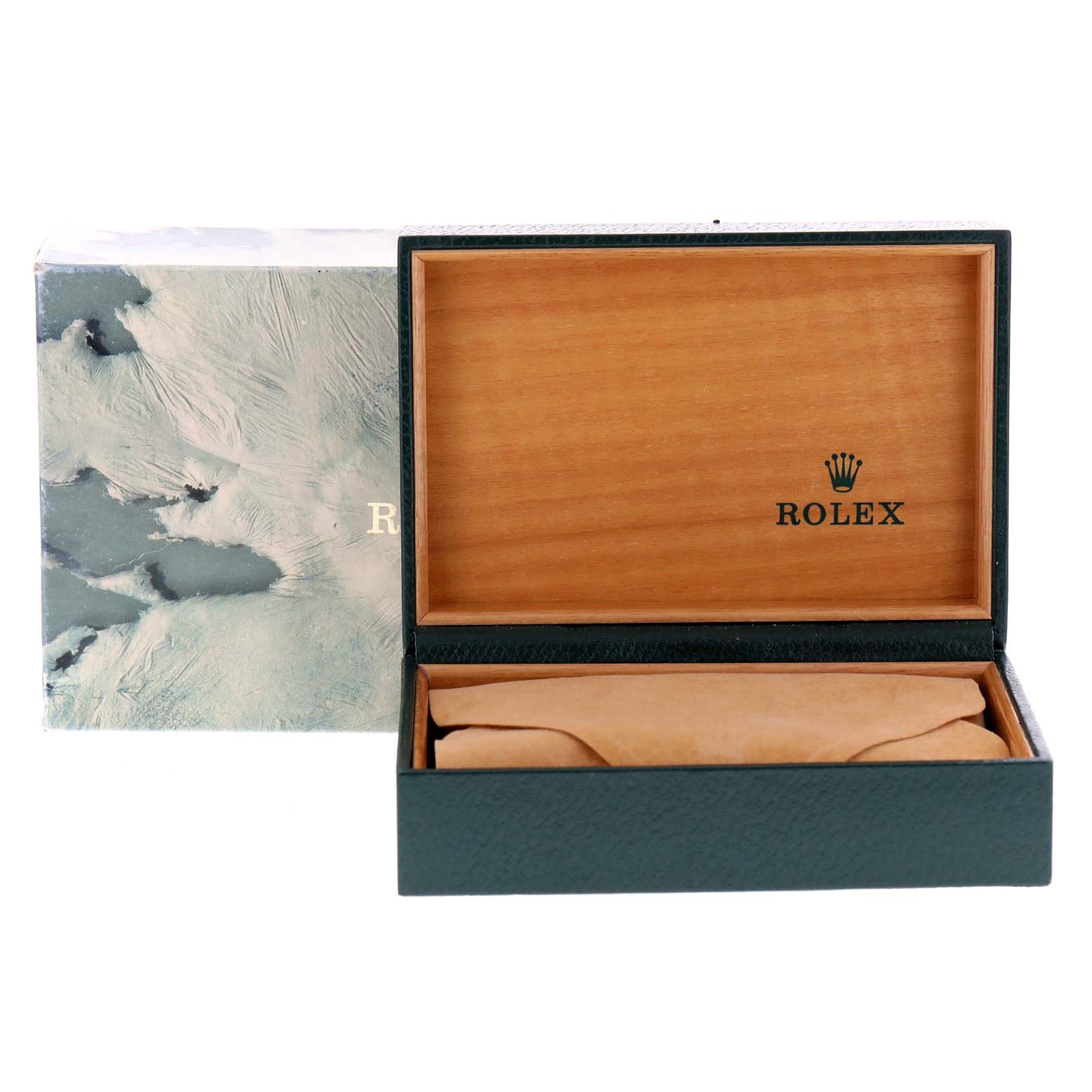 The image shows an open Rolex Datejust 16220 Men's Stainless Steel White Dial 16220 Men's Stainless Steel White Dial watch box with its inner cushion and the cover displaying the Rolex logo.