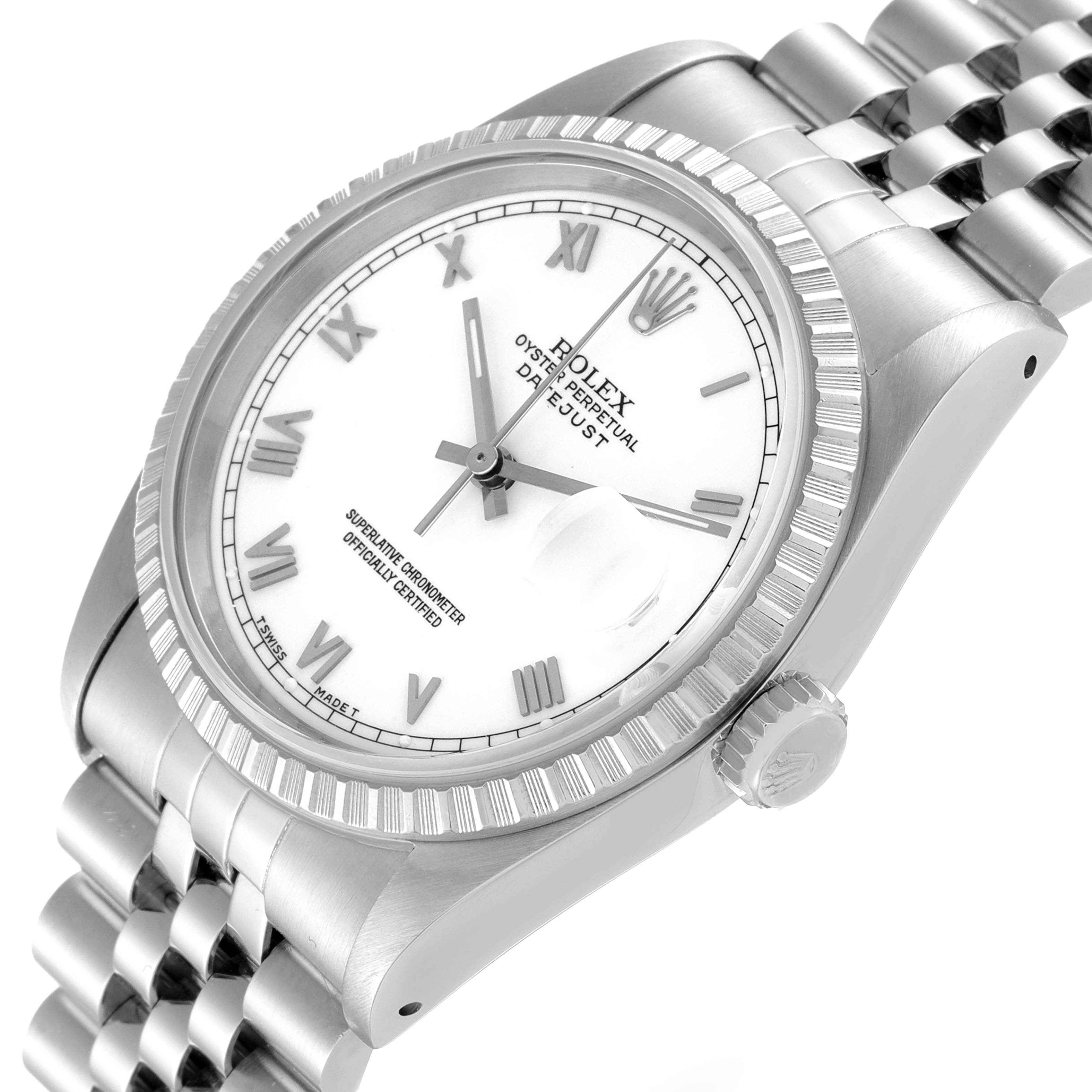 The image shows a tilted view of the Rolex Datejust 16220 Men's Stainless Steel White Dial 16220 Men's Stainless Steel White Dial watch, highlighting the face, bezel, crown, and part of the bracelet.