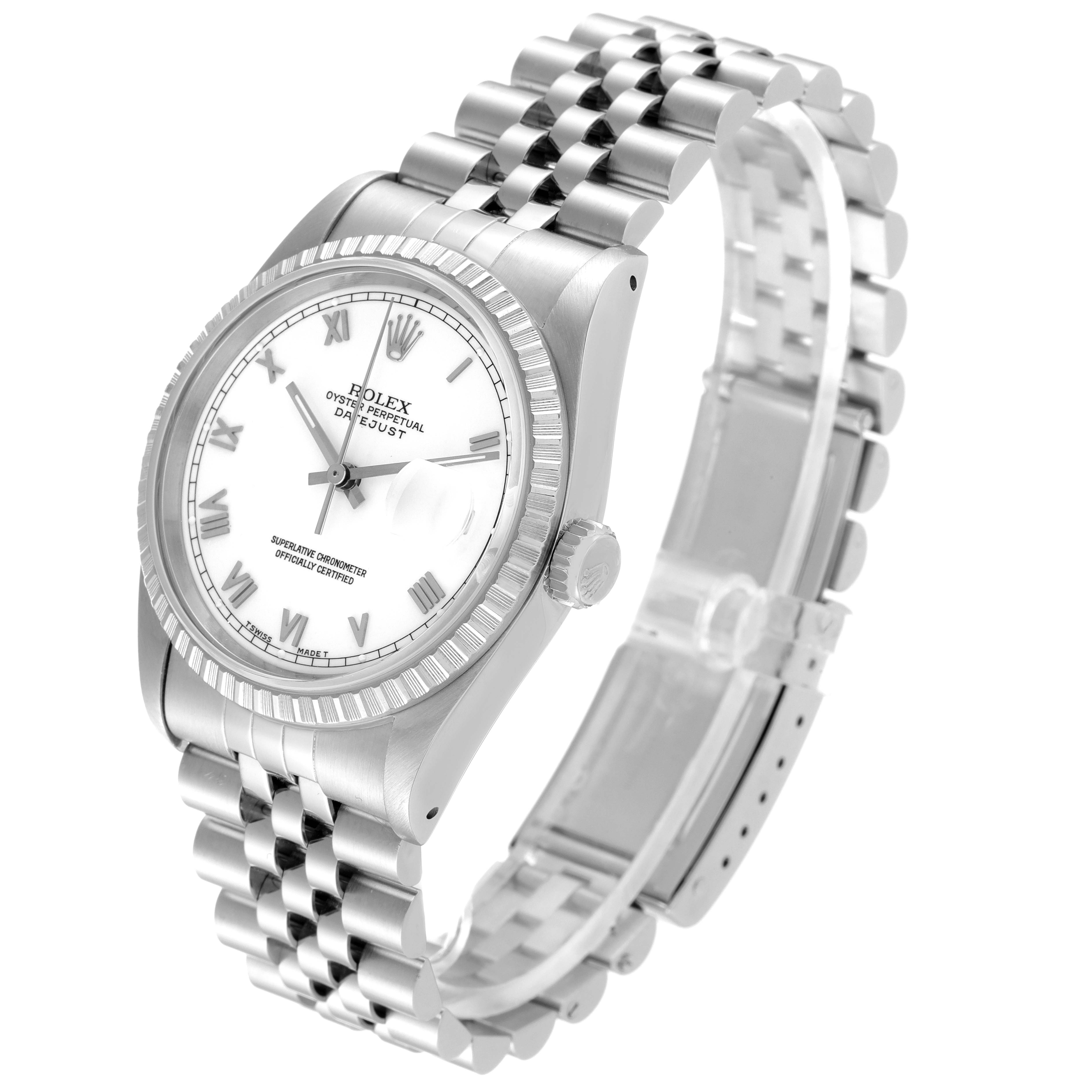 The image shows the Rolex Datejust 16220 Men's Stainless Steel White Dial 16220 Men's Stainless Steel White Dial watch at an angled view, highlighting the face, bezel, and bracelet.