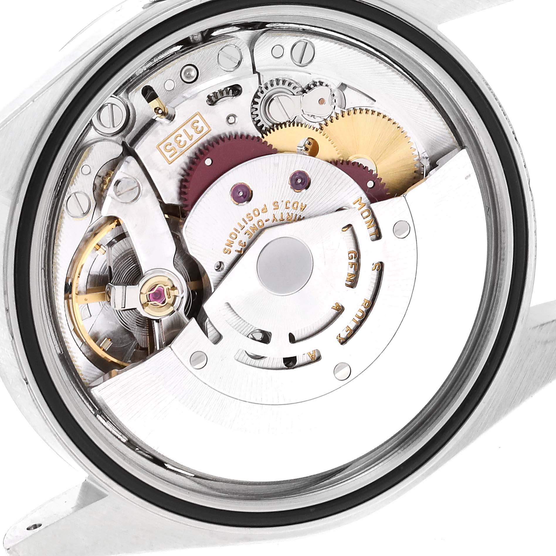 The image shows a close-up view of the movement mechanism of a Rolex Datejust 16200 Men's Stainless Steel White Dial 16200 Men's Stainless Steel White Dial watch.