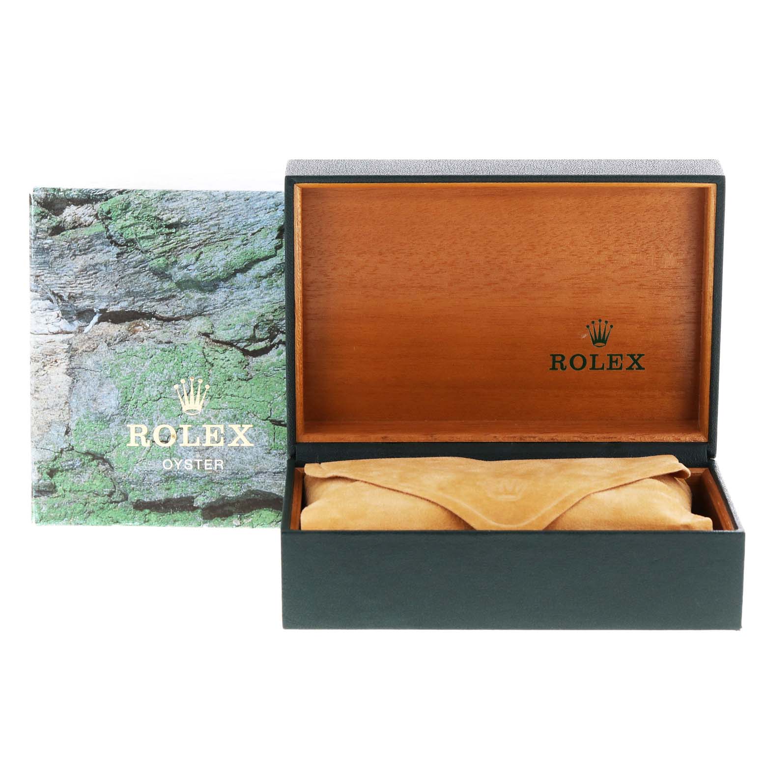 This image shows an open Rolex Datejust 16200 Men's Stainless Steel White Dial 16200 Men's Stainless Steel White Dial watch box with a protective pouch inside, viewed from the front.