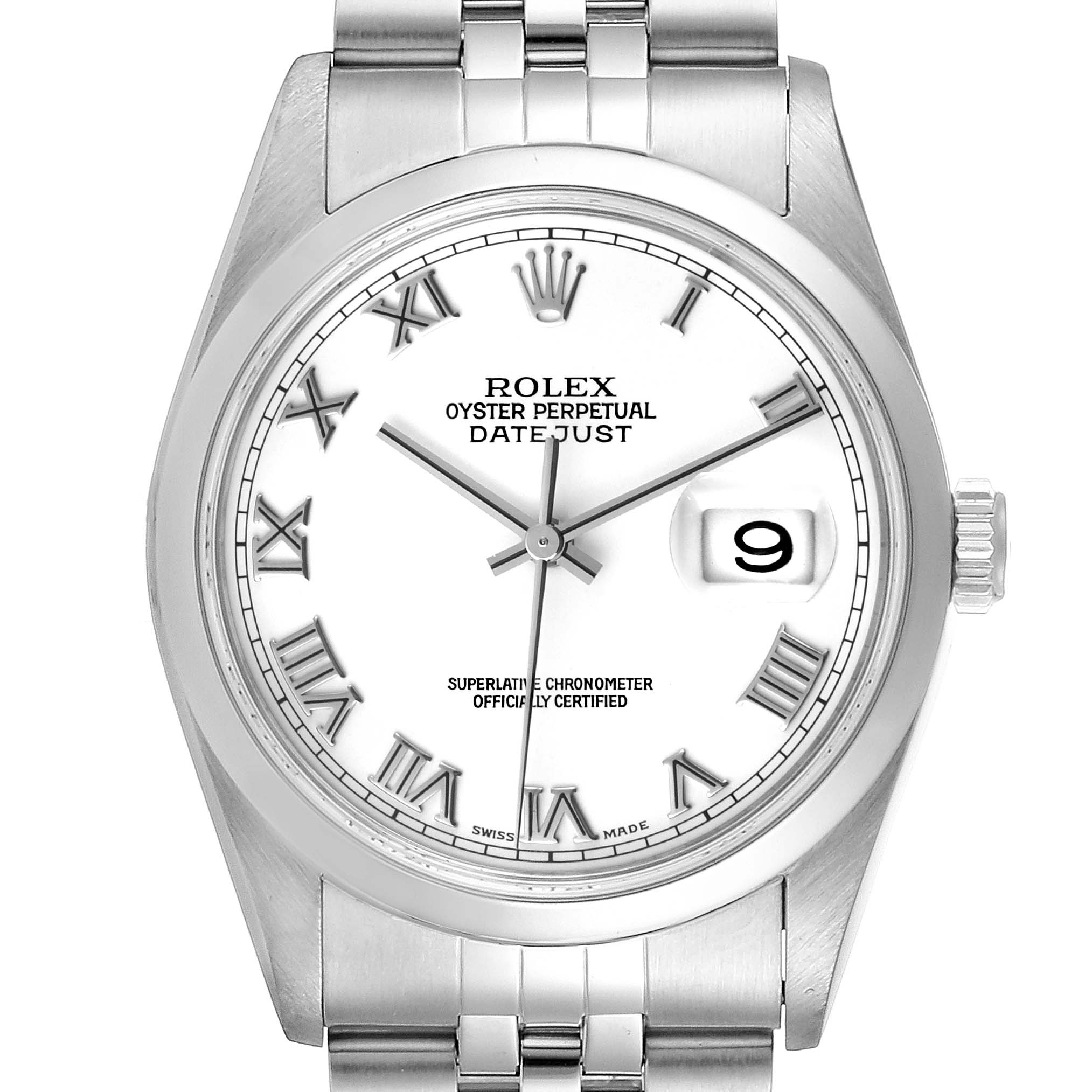 This image shows a front view of a Rolex Datejust 16200 Men's Stainless Steel White Dial 16200 Men's Stainless Steel White Dial watch, featuring its white dial, Roman numeral indices, date window, and stainless steel bracelet.