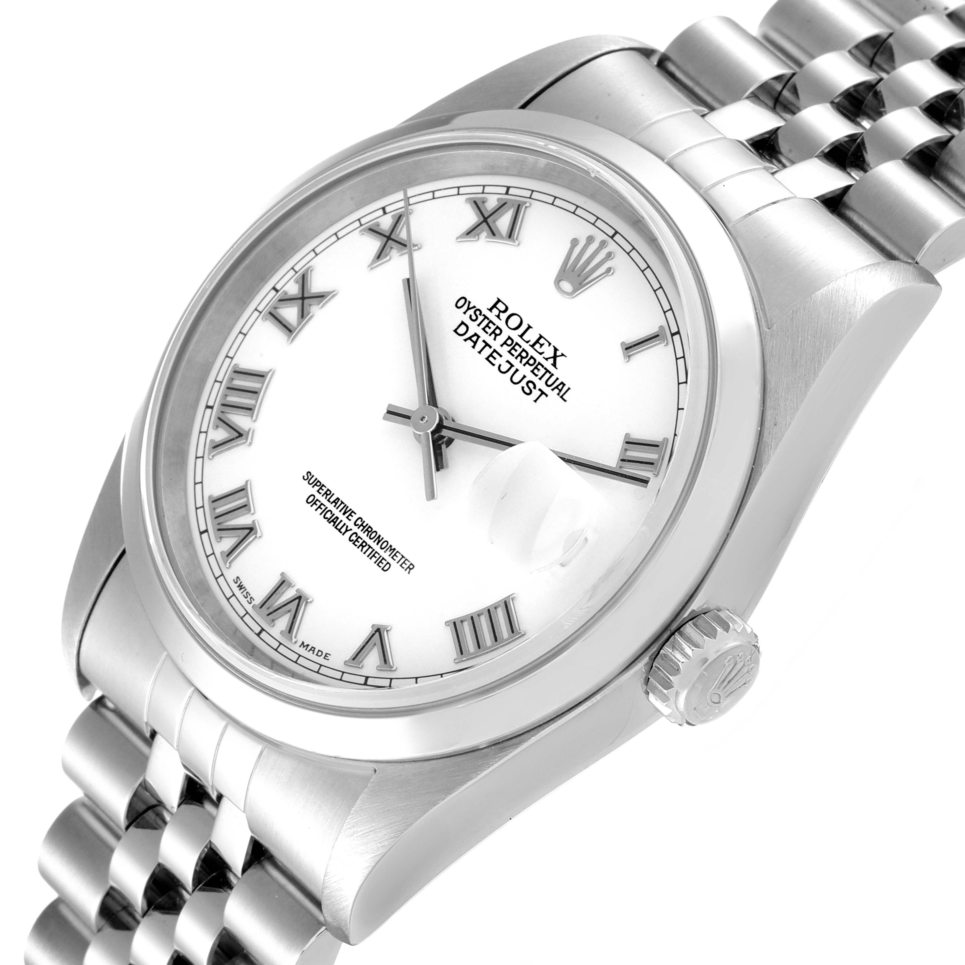 This image shows a Rolex Datejust 16200 Men's Stainless Steel White Dial 16200 Men's Stainless Steel White Dial watch from an angled side view, featuring the dial, crown, and part of the bracelet.