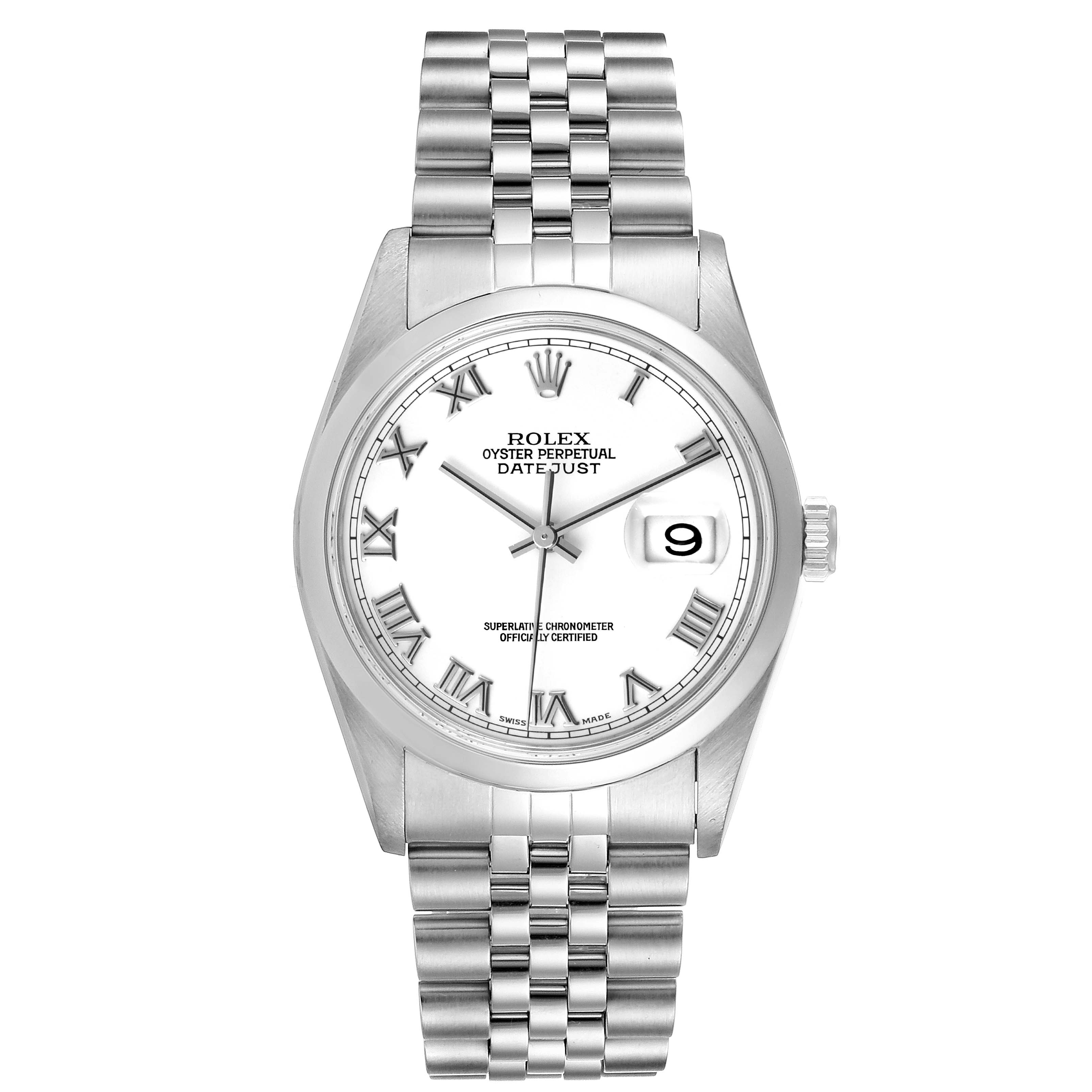 The image shows a full frontal view of the Rolex Datejust 16200 Men's Stainless Steel White Dial 16200 Men's Stainless Steel White Dial watch, displaying its face, bezel, and bracelet.