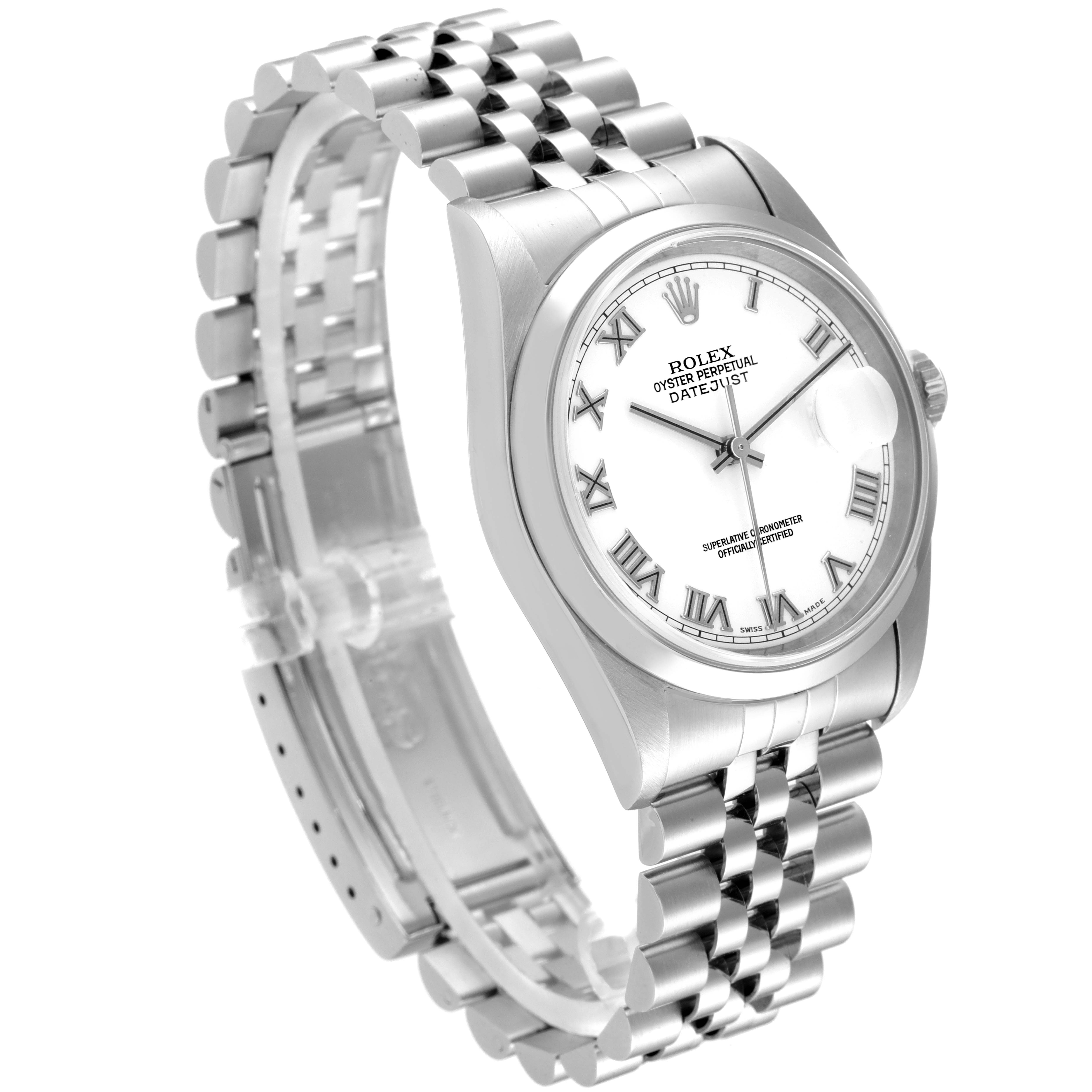 The Rolex Datejust 16200 Men's Stainless Steel White Dial 16200 Men's Stainless Steel White Dial watch is shown at an angled perspective, highlighting the dial, bracelet, and case.