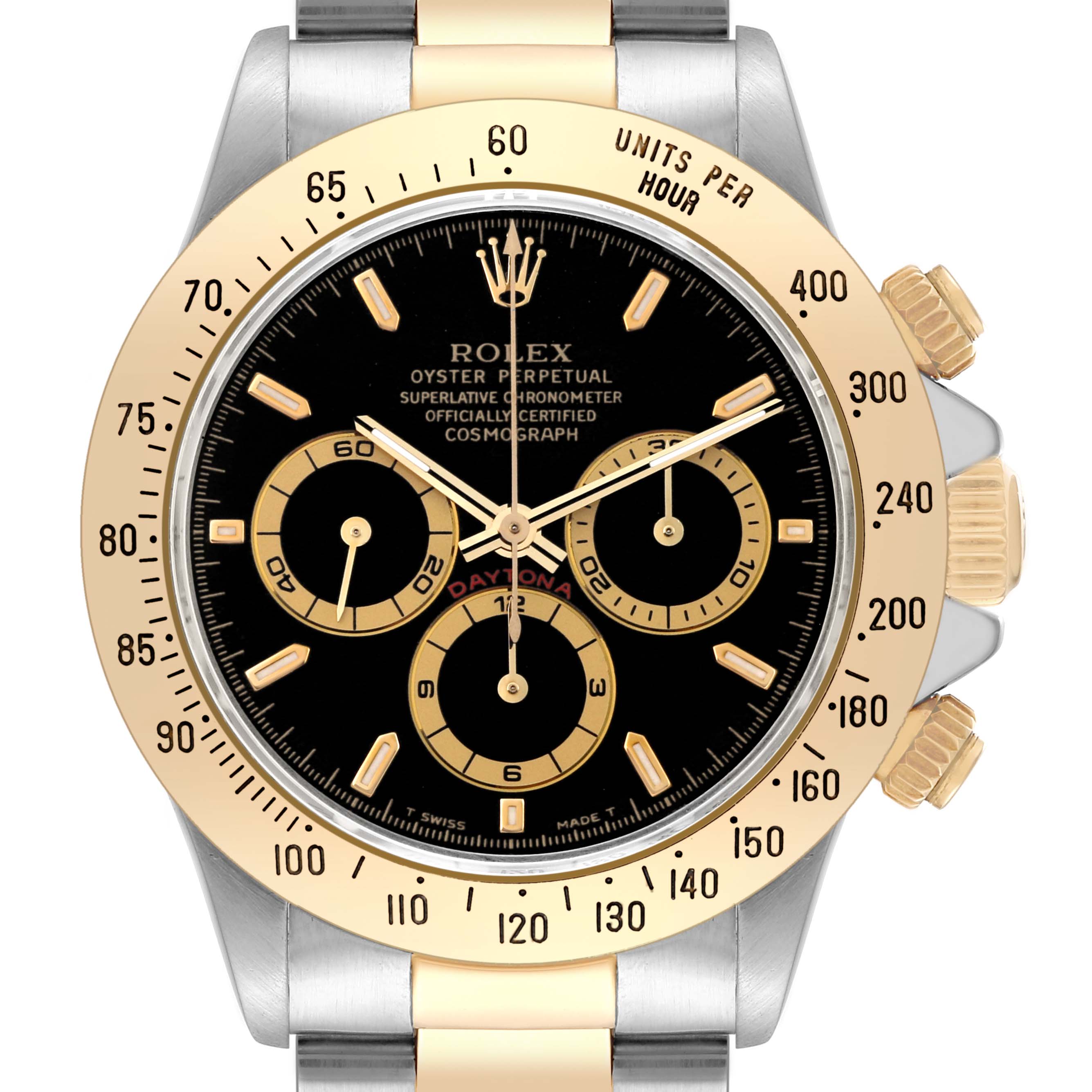 The image shows a frontal view of the Rolex Daytona 16523 Men's Steel and Gold (two tone) Black Dial model, featuring the watch face, bezel, and crown.