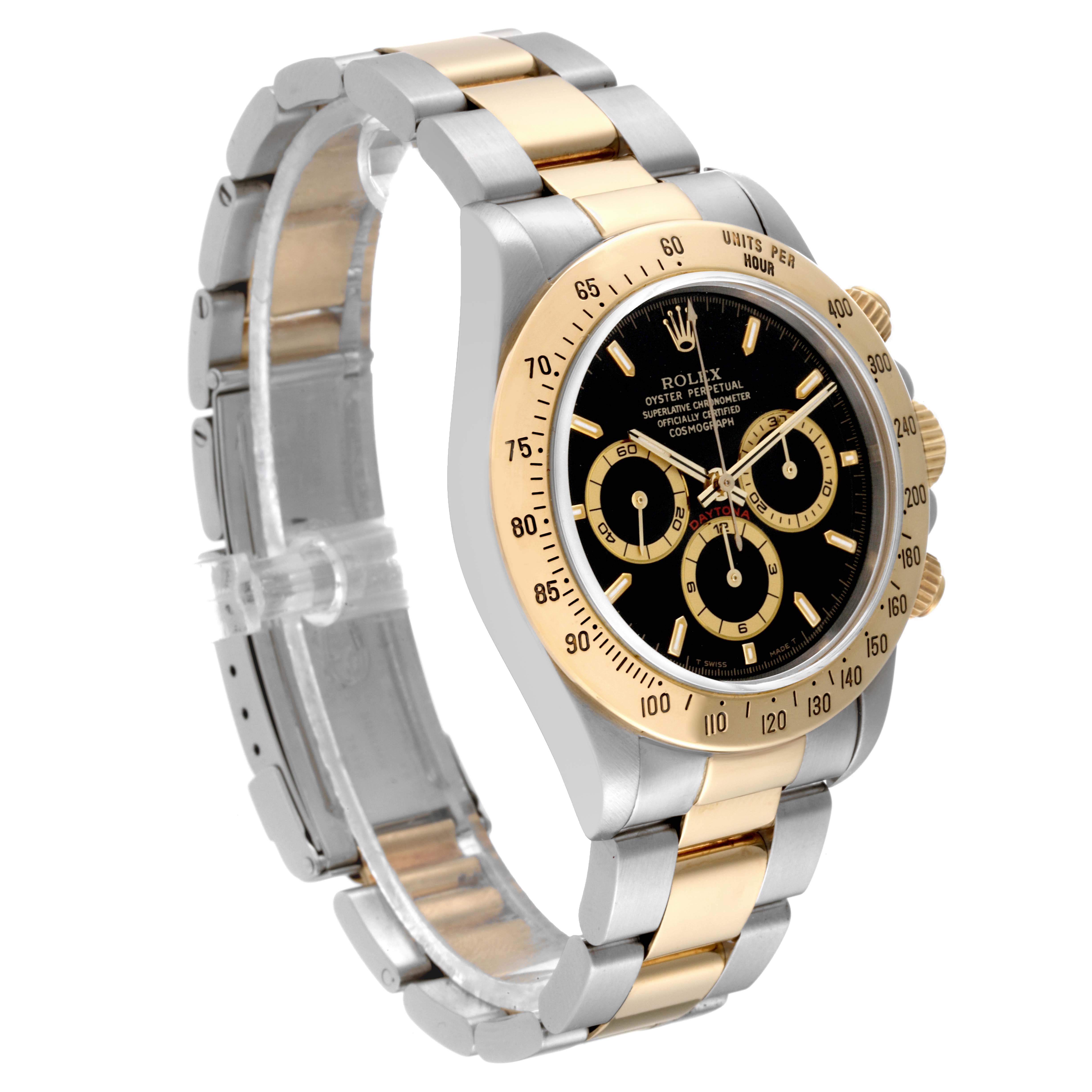 The Rolex Daytona 16523 Men's Steel and Gold (two tone) Black Dial watch is shown at a three-quarter angle, highlighting the bezel, dial, pushers, and two-tone bracelet.