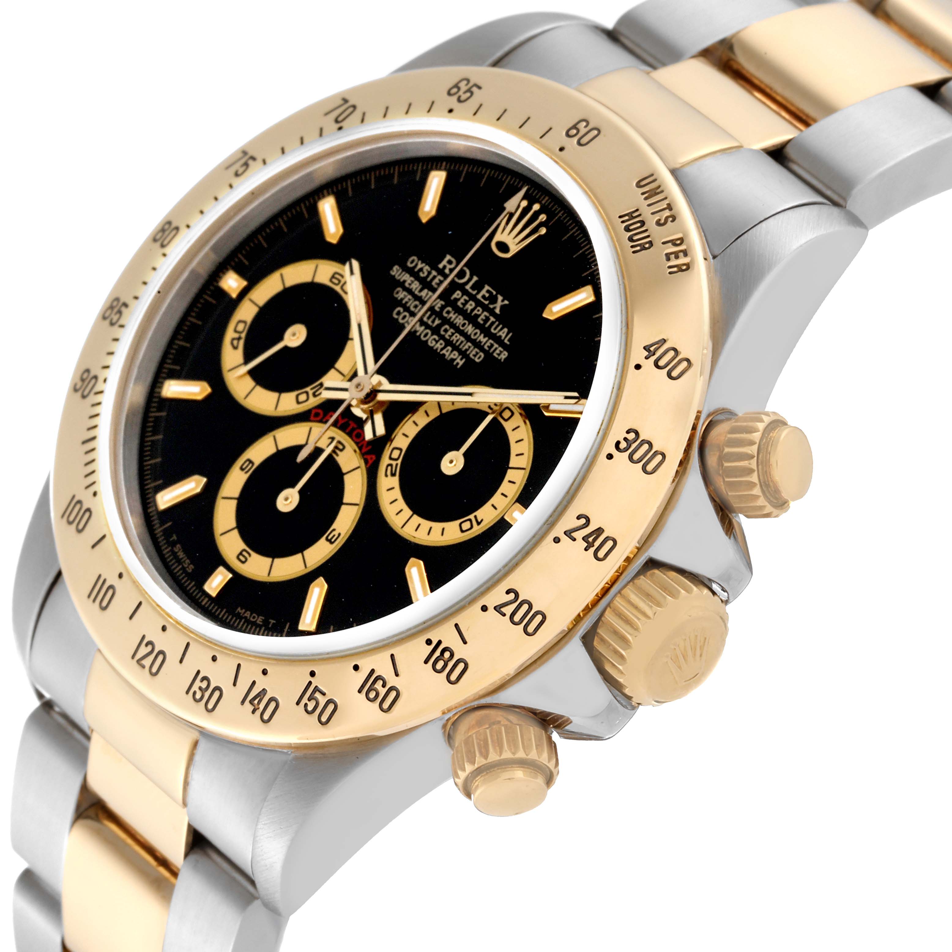 The Rolex Daytona 16523 Men's Steel and Gold (two tone) Black Dial watch is shown at an angled side view, highlighting its bezel, pushers, crown, and bracelet.
