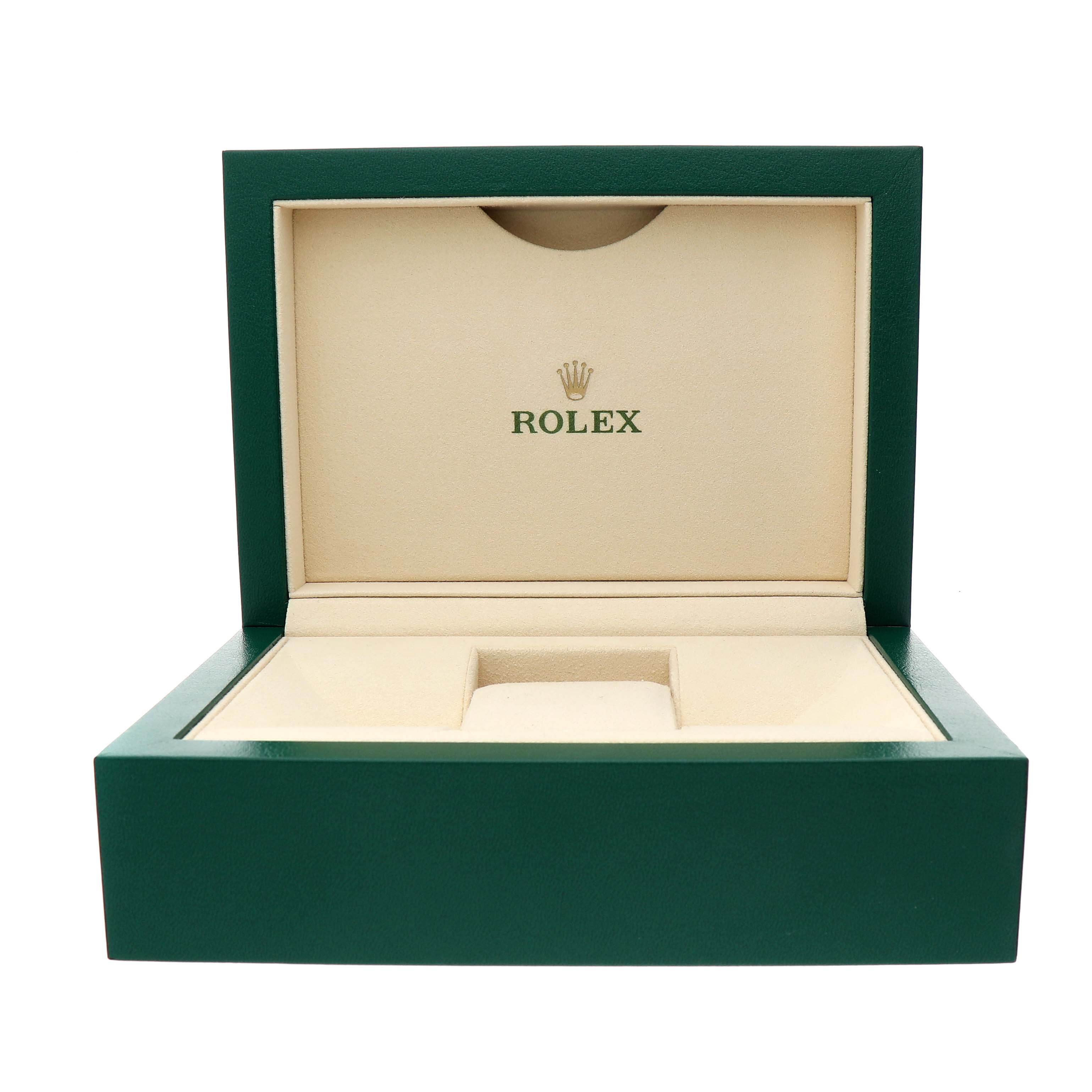 The image shows an open Rolex watch box for the Daytona model, with a green exterior and beige interior.