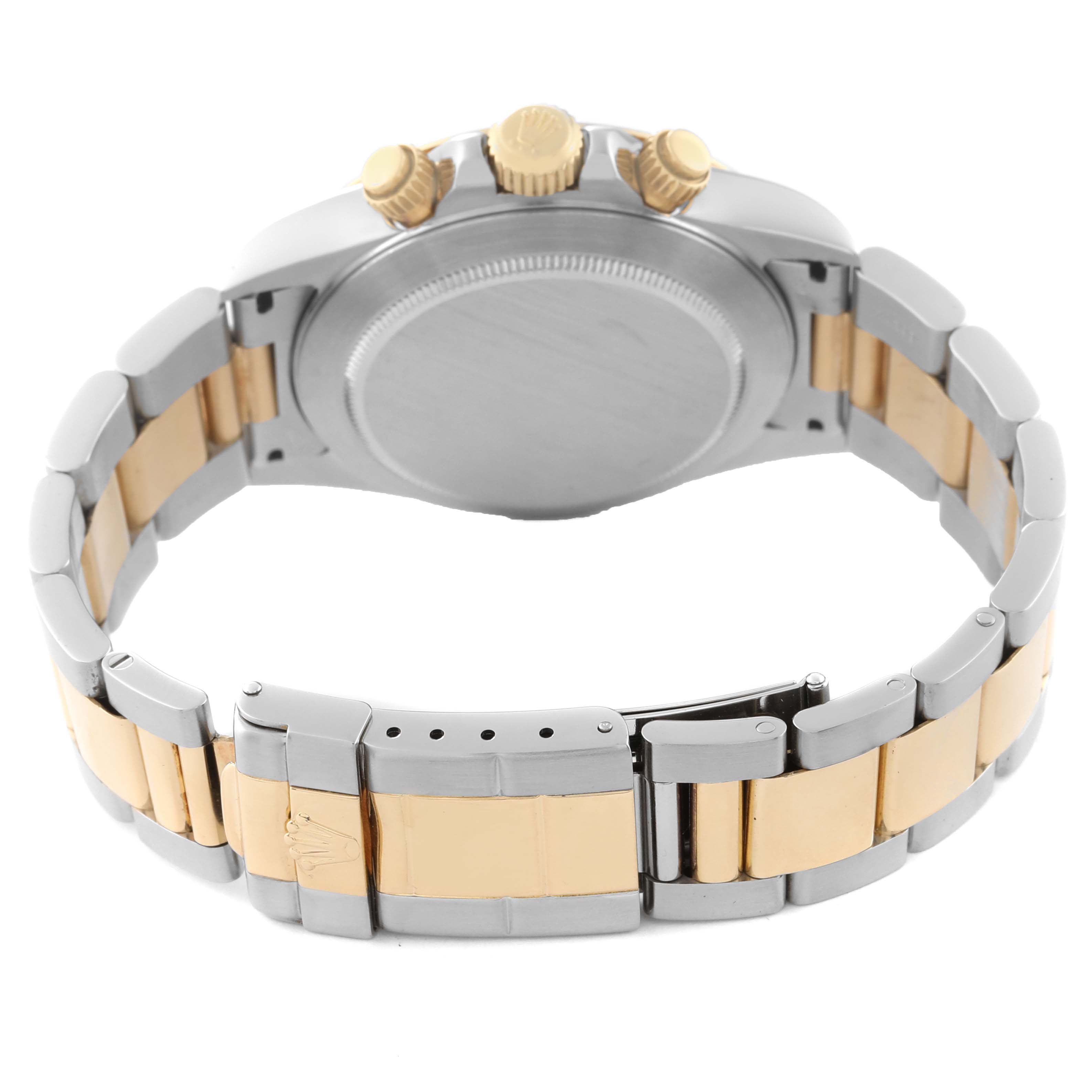 The image shows the back and side of a Rolex Daytona 16523 Men's Steel and Gold (two tone) Black Dial watch, highlighting the bracelet, clasp, and screw-down crown.