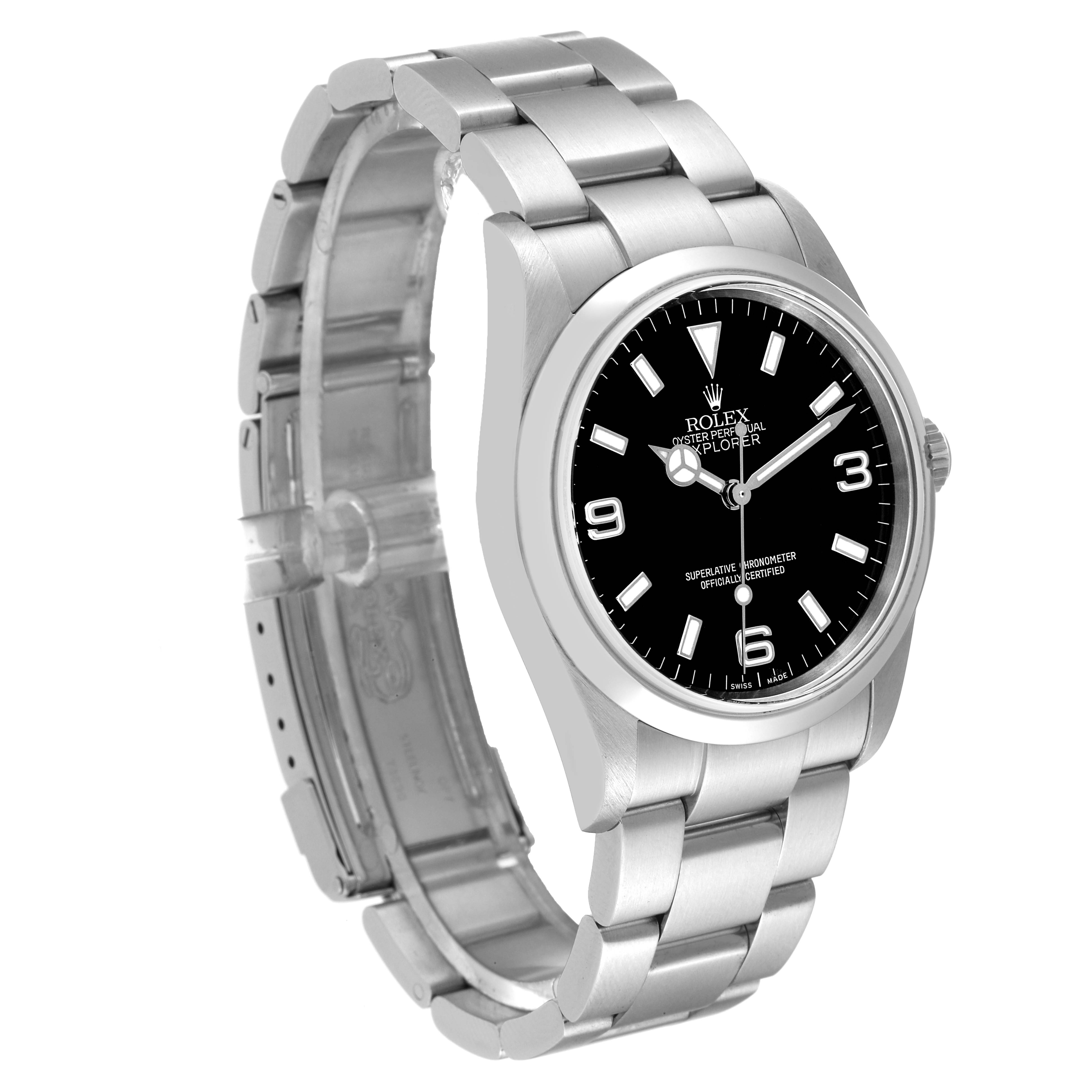 The image shows a Rolex Explorer 114270 Men
s Stainless Steel Black Dial 114270 Men
s Stainless Steel Black Dial watch at a three-quarter angle, highlighting the face, bezel, case, and bracelet.