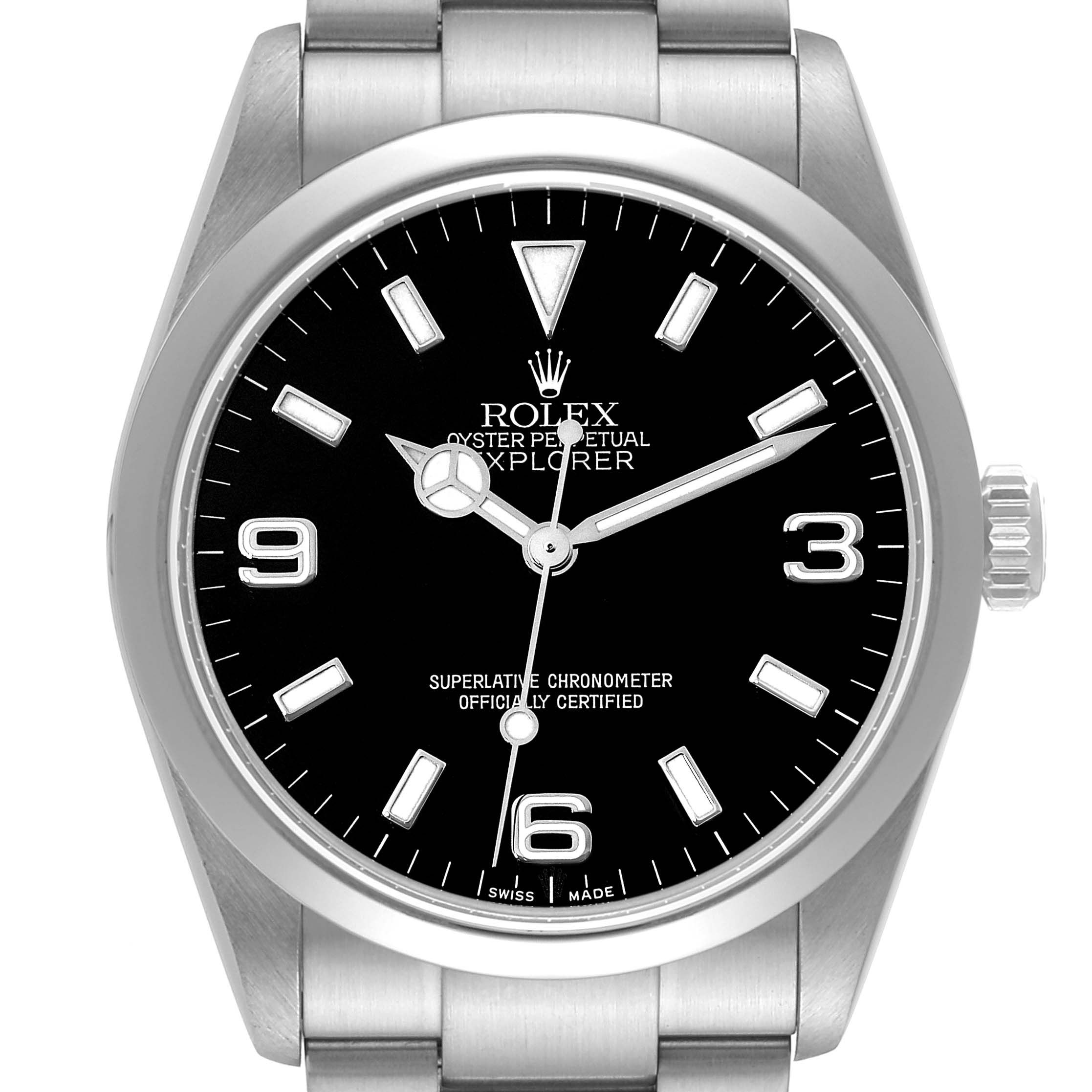 This image shows a frontal close-up view of the Rolex Explorer 114270 Men
s Stainless Steel Black Dial 114270 Men
s Stainless Steel Black Dial watch face, including the dial, hands, crown, and part of the bracelet.