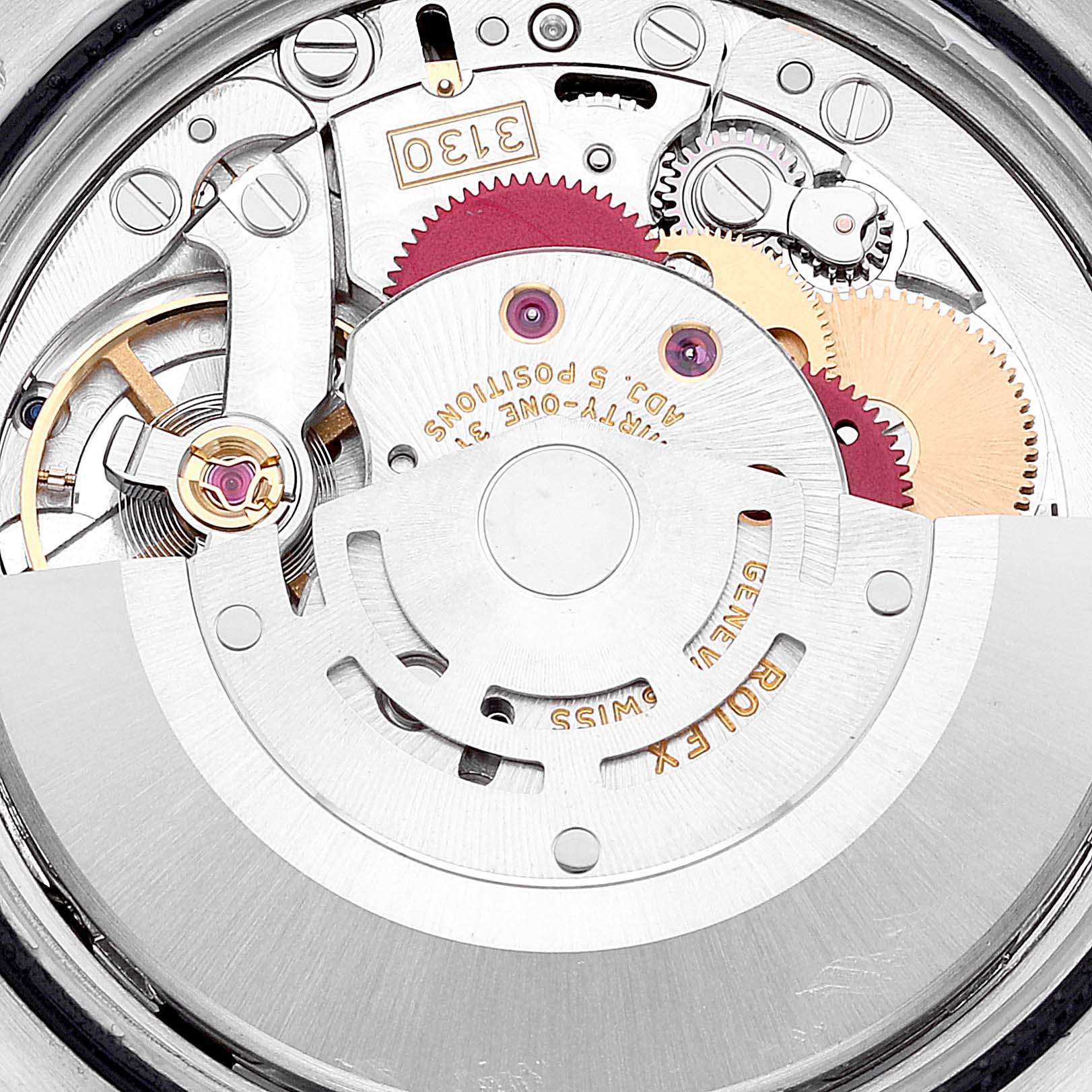 The image shows a detailed, close-up view of the internal mechanics of a Rolex Explorer 114270 Men
s Stainless Steel Black Dial 114270 Men
s Stainless Steel Black Dial watch.