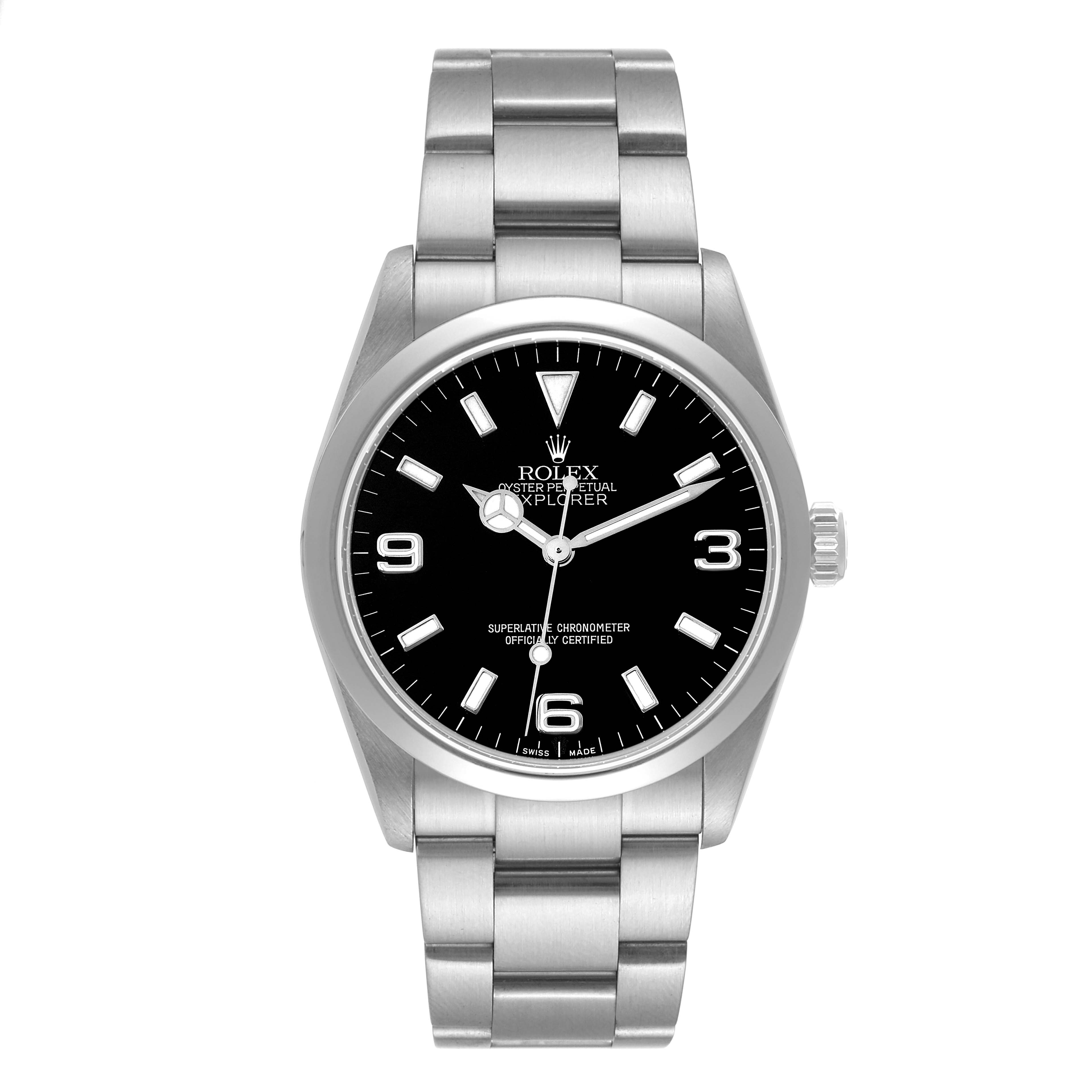 This is a front-facing view of the Rolex Explorer 114270 Men
s Stainless Steel Black Dial 114270 Men
s Stainless Steel Black Dial watch, showing the dial, bezel, crown, and bracelet.