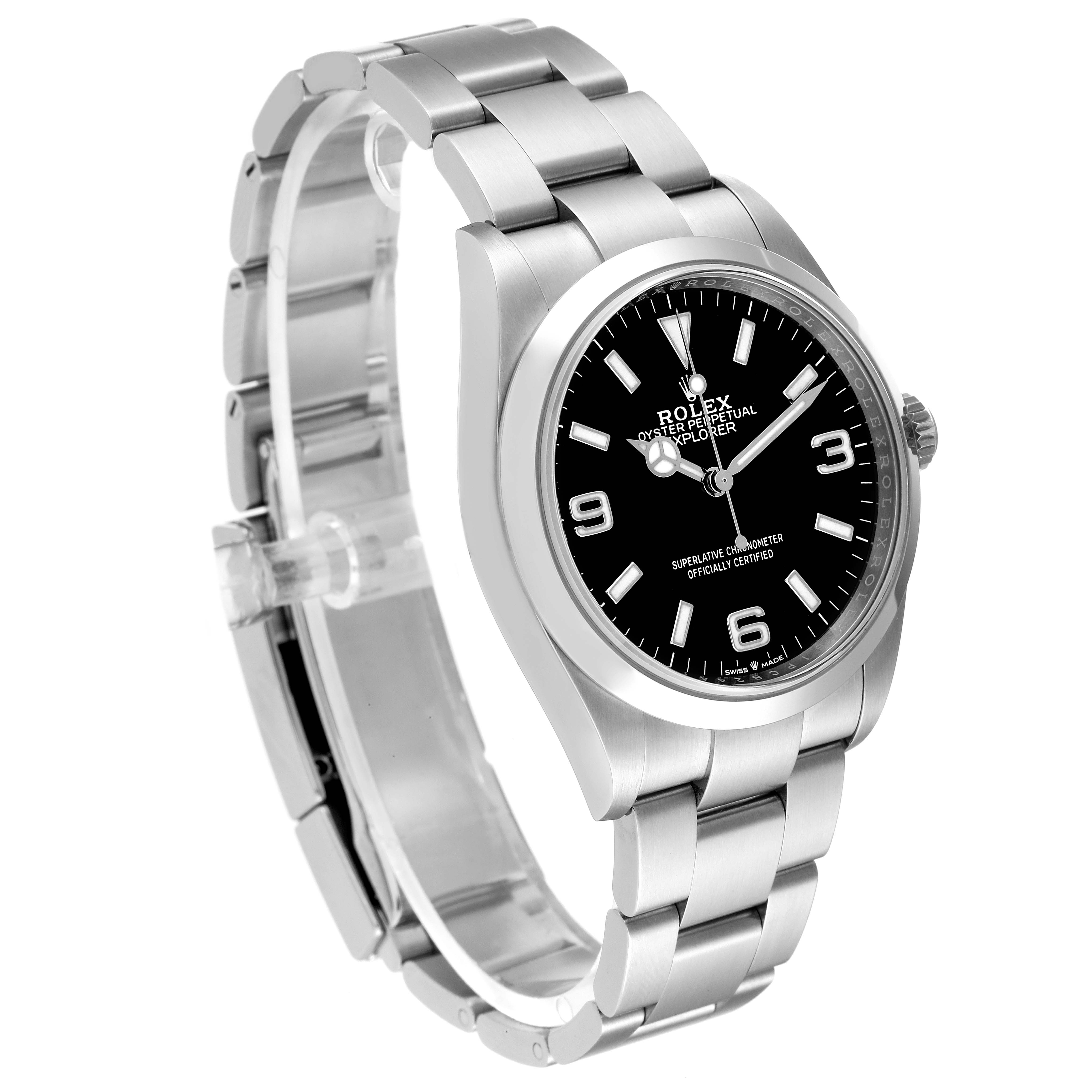 This image shows a Rolex Explorer 124270 Men's Stainless Steel Black Dial 124270 Men's Stainless Steel Black Dial watch angled to display its face, bezel, crown, and bracelet.