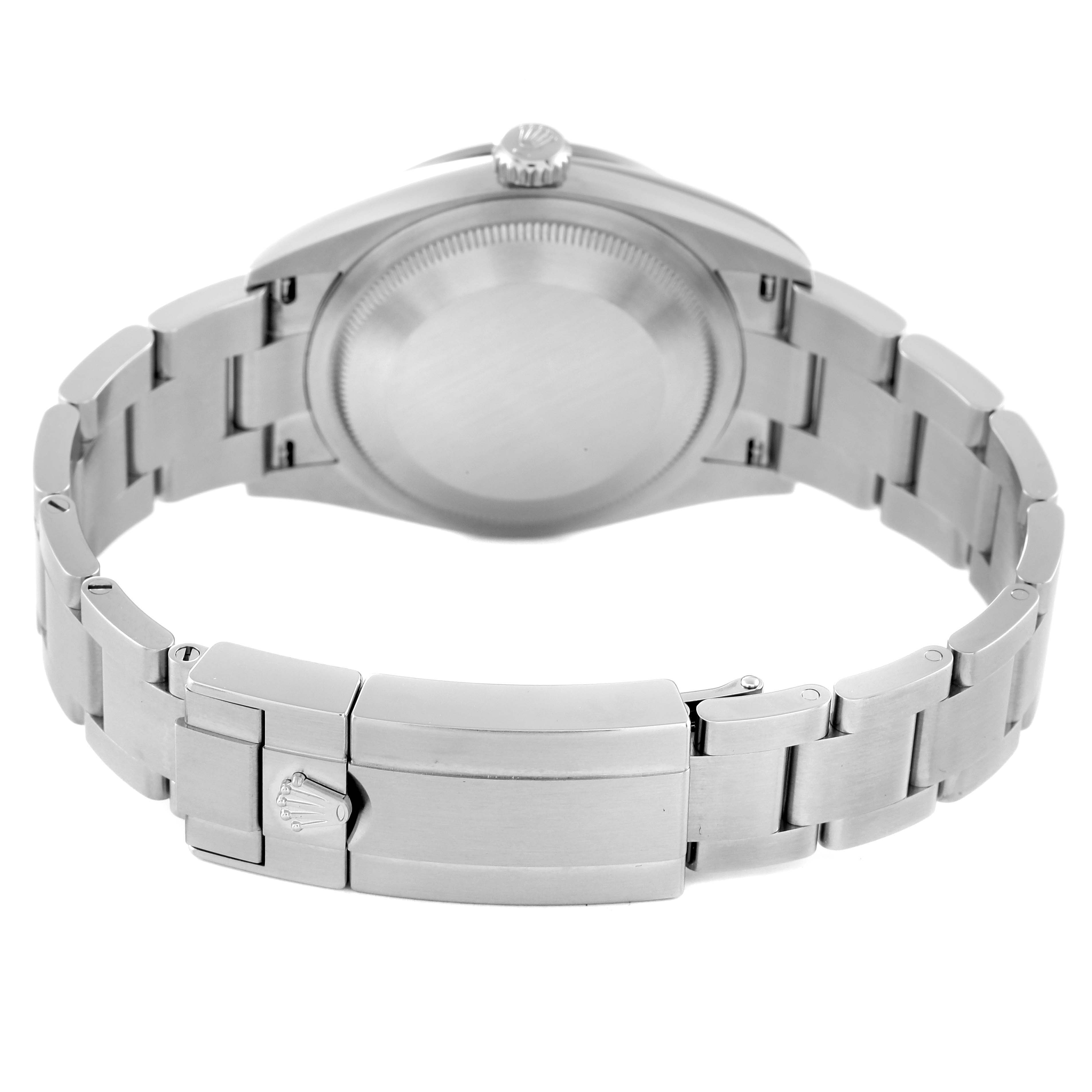 This image shows the back view of the Rolex Explorer 124270 Men's Stainless Steel Black Dial 124270 Men's Stainless Steel Black Dial, highlighting its case back and bracelet clasp.