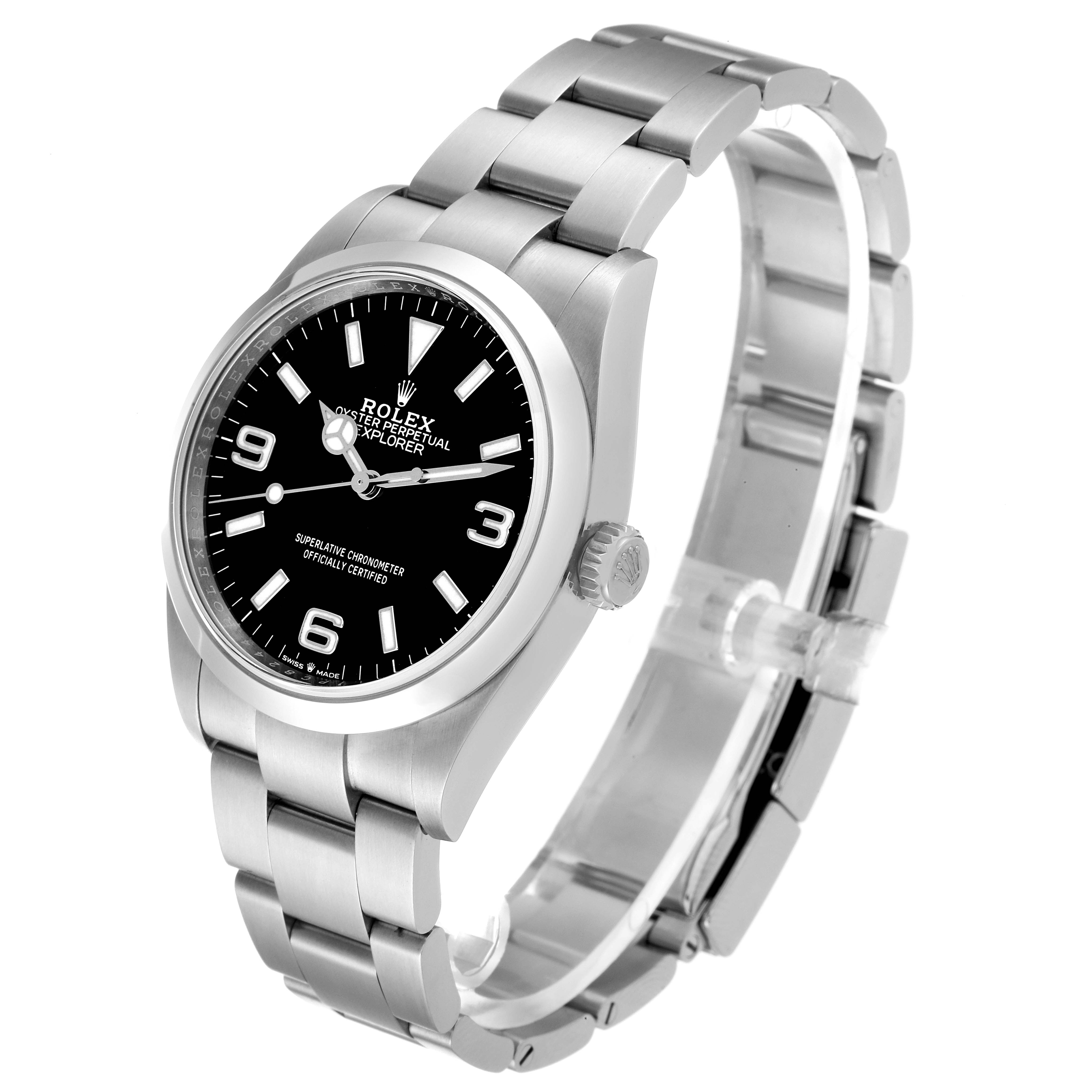 The Rolex Explorer 124270 Men's Stainless Steel Black Dial 124270 Men's Stainless Steel Black Dial watch is shown at a slightly tilted angle, displaying the face, bezel, crown, and bracelet.