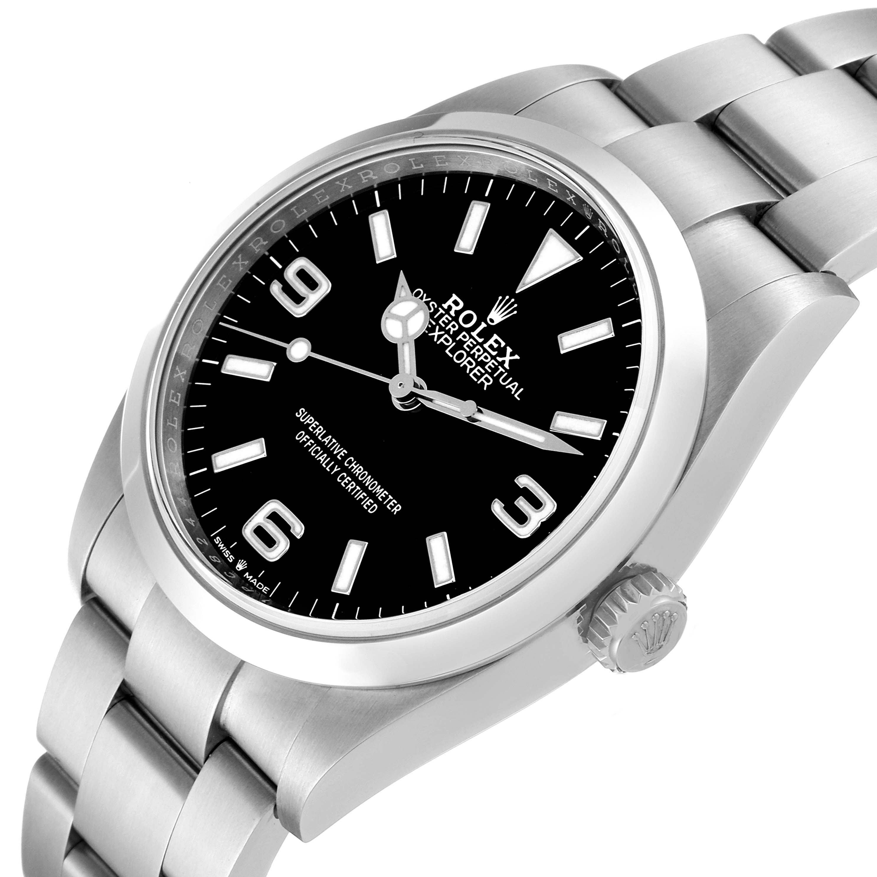 The image shows a Rolex Explorer 124270 Men's Stainless Steel Black Dial 124270 Men's Stainless Steel Black Dial watch at an angle highlighting the dial, bezel, bracelet, and crown.
